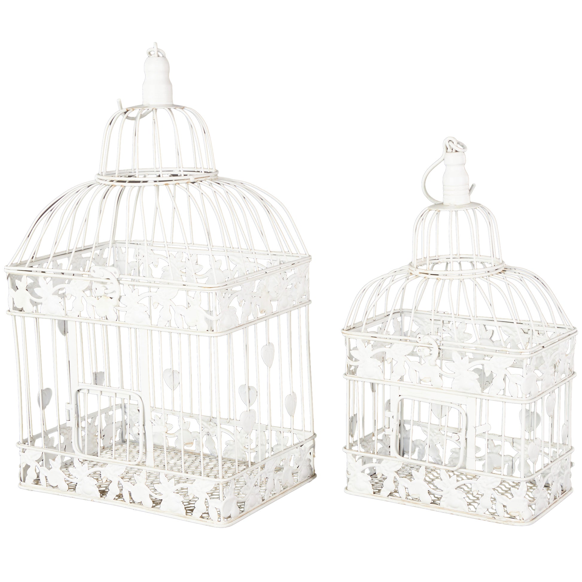 Set of 2 White Metal Indoor Outdoor Hinged Top Decorative Birdcage with Latch Lock Closure and Hanging Hook