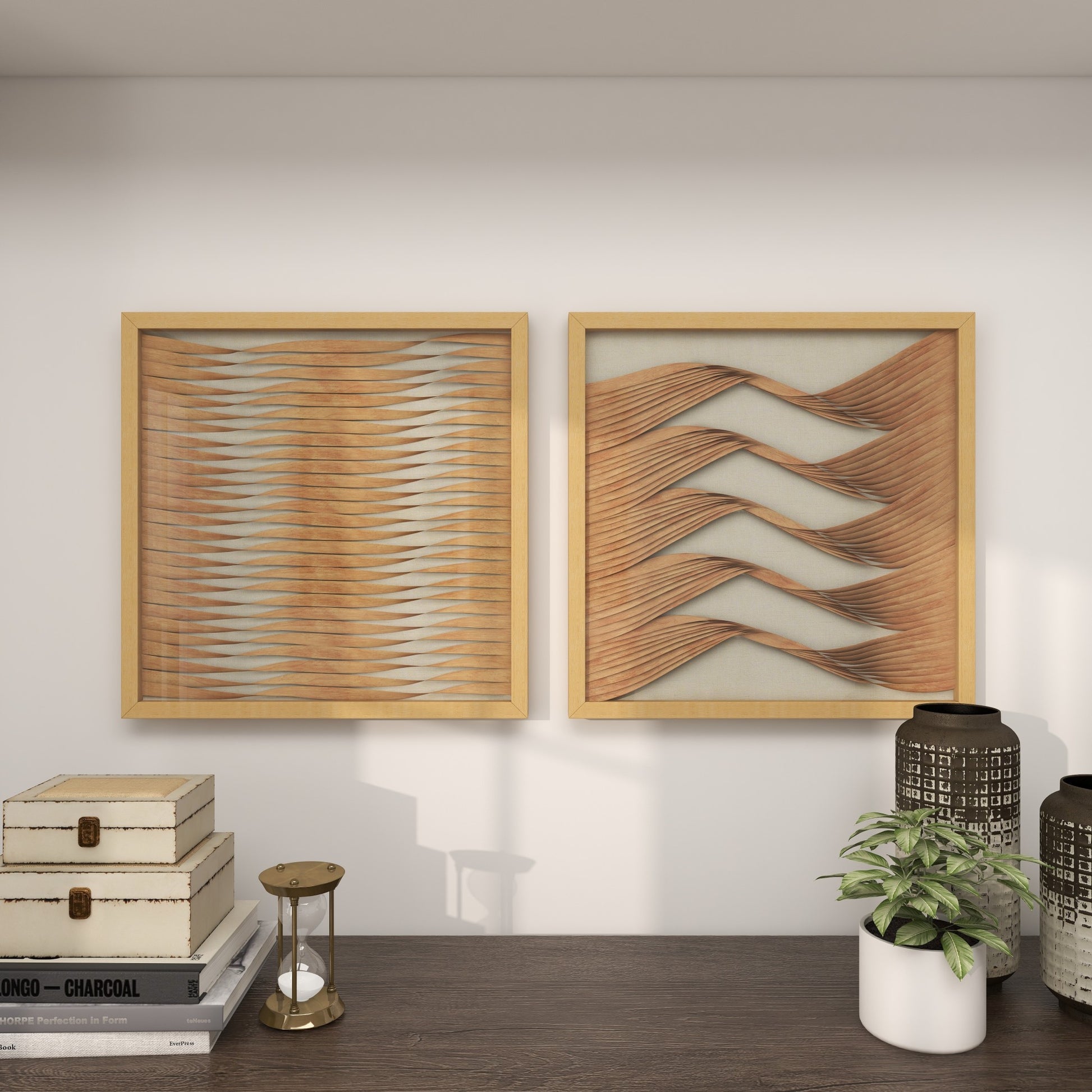 Set of 2 Abstract Brown Wooden Handmade Twisted Ribbon Home Shadow Box with Beige Linen Backing