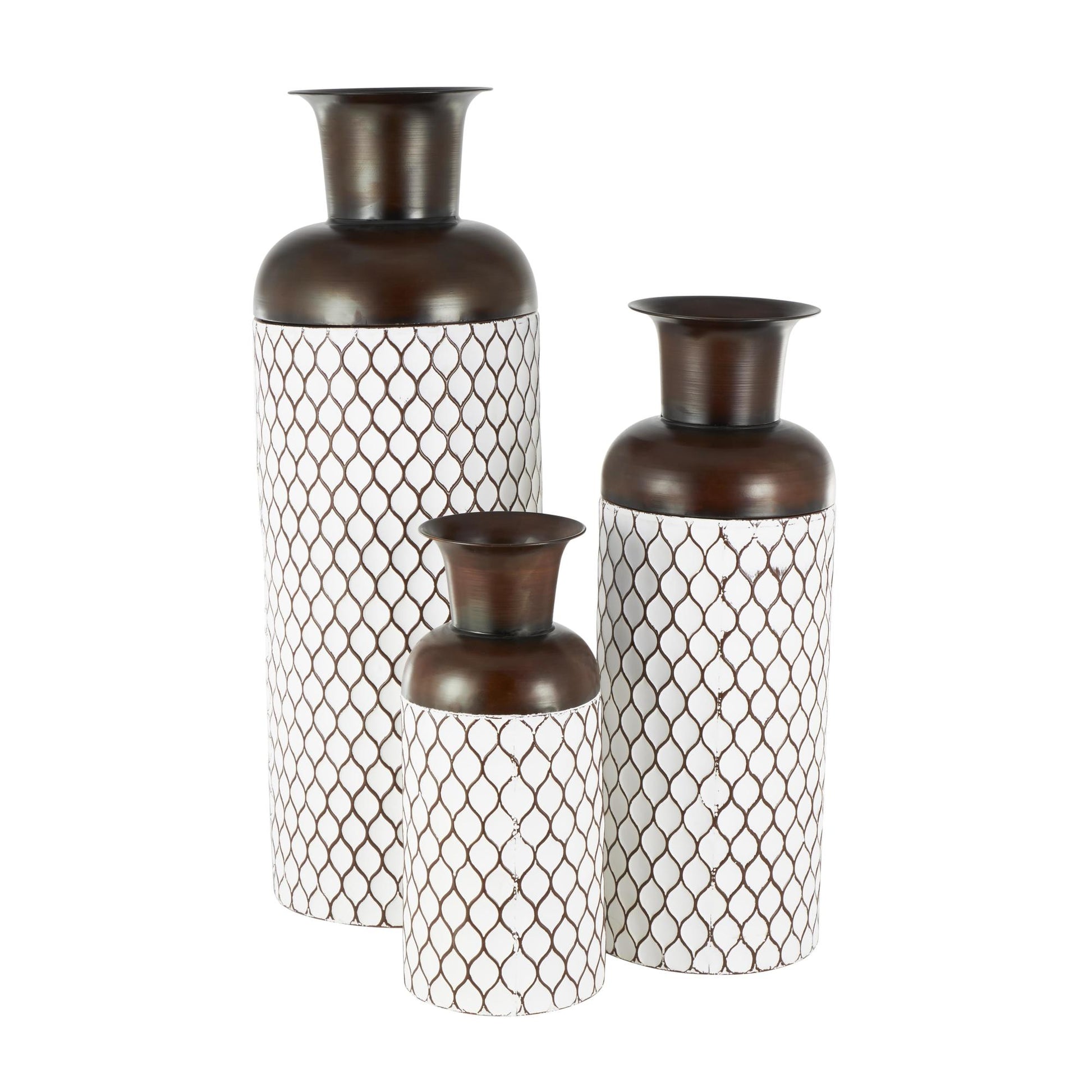 Set of 3 White Metal Tall Teardrop Shaped Decorative Vase with Brown Trumpet Tops