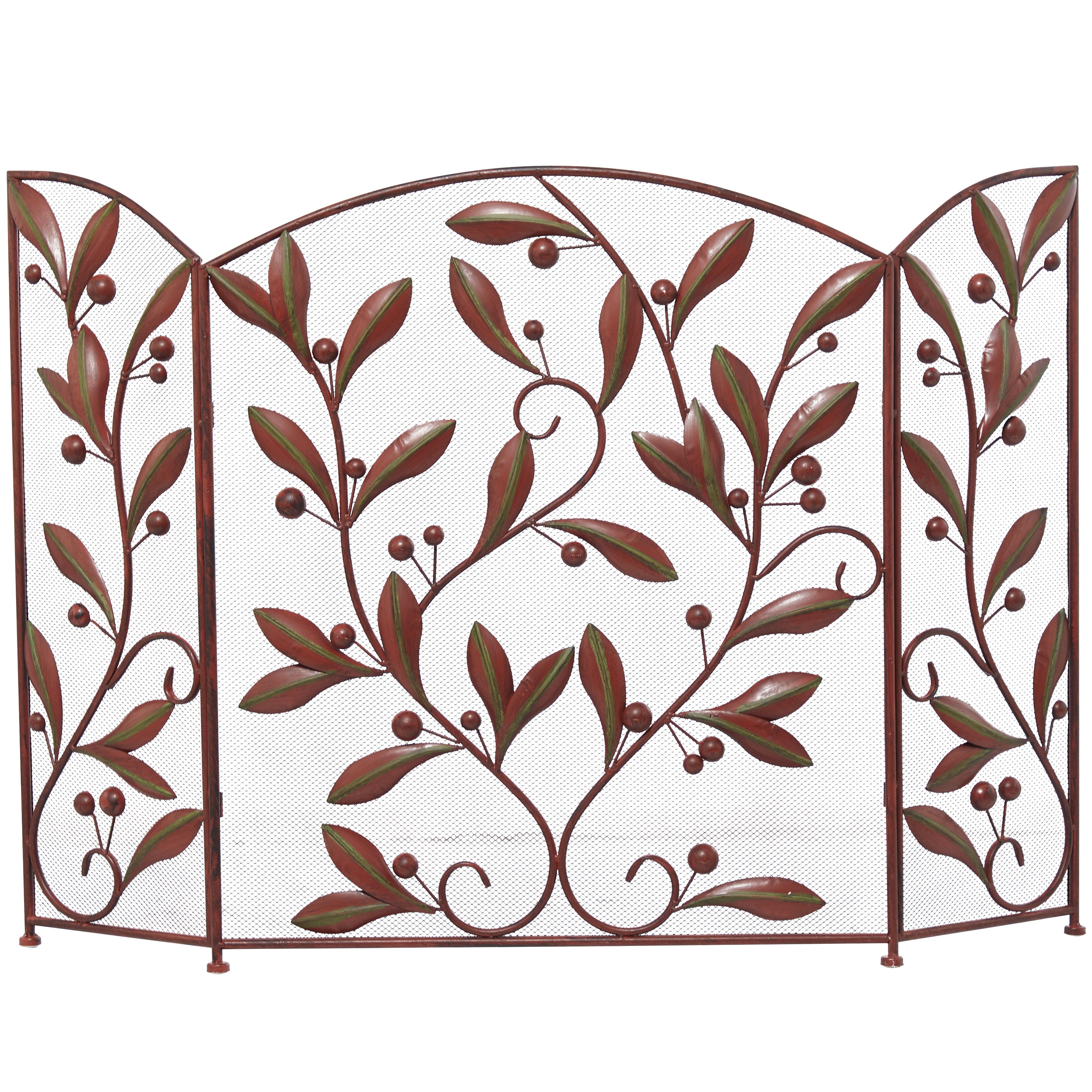 Leaf Metal Foldable Mesh Netting 3 Panel Living Room Fireplace Screen with Leaf and Vine Relief