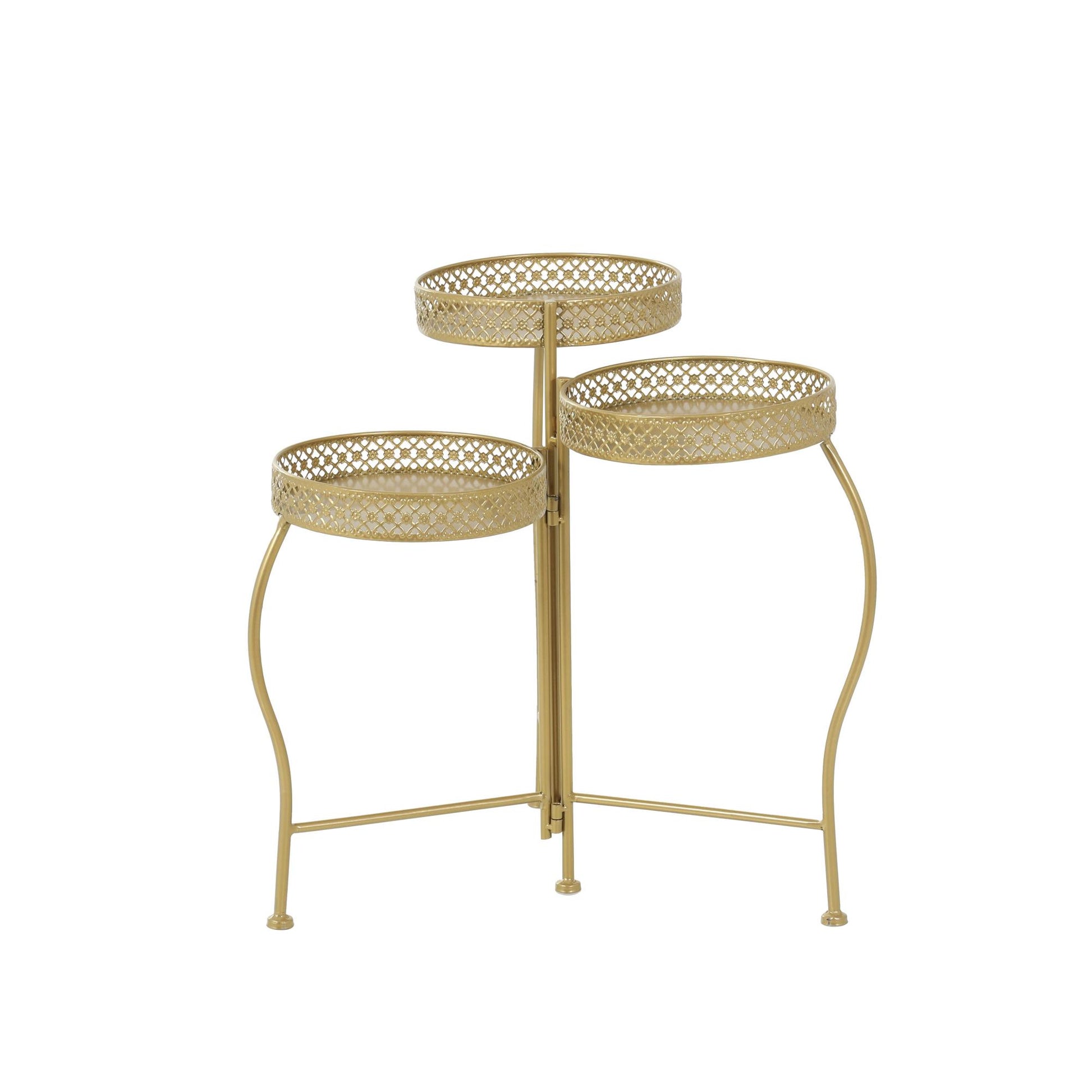 Metal Curved Folding 3 Tier Indoor Outdoor Plantstand with Floral and Scroll Patterns