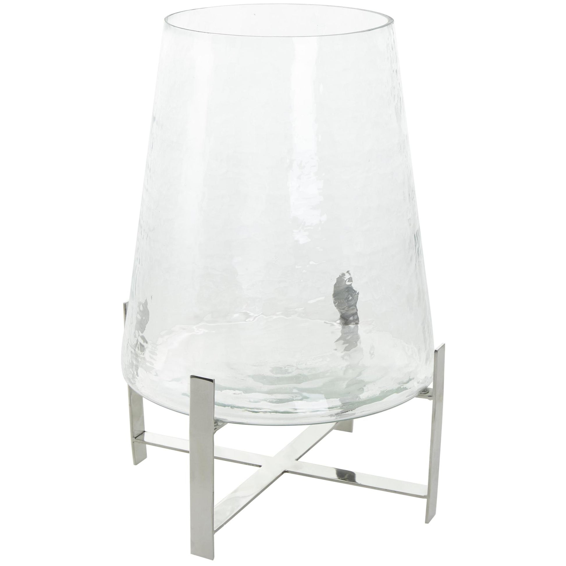 Clear Stainless Steel Metal Room Hurricane Lamp with Stainless Steel X Shaped Base
