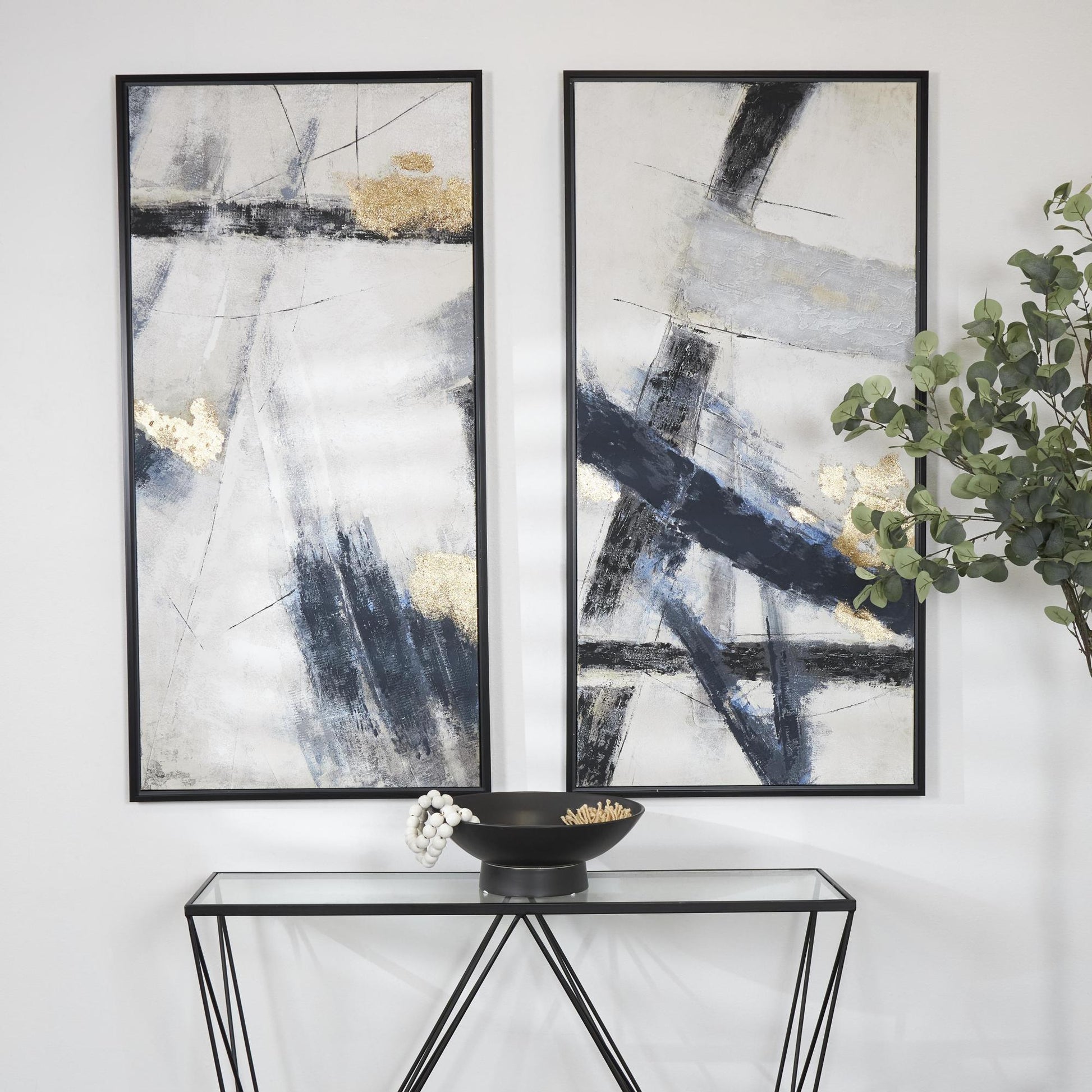 Set of 2 Abstract Light Gray Canvas Lines Living Room Framed Wall Art with Gold Foil Accents