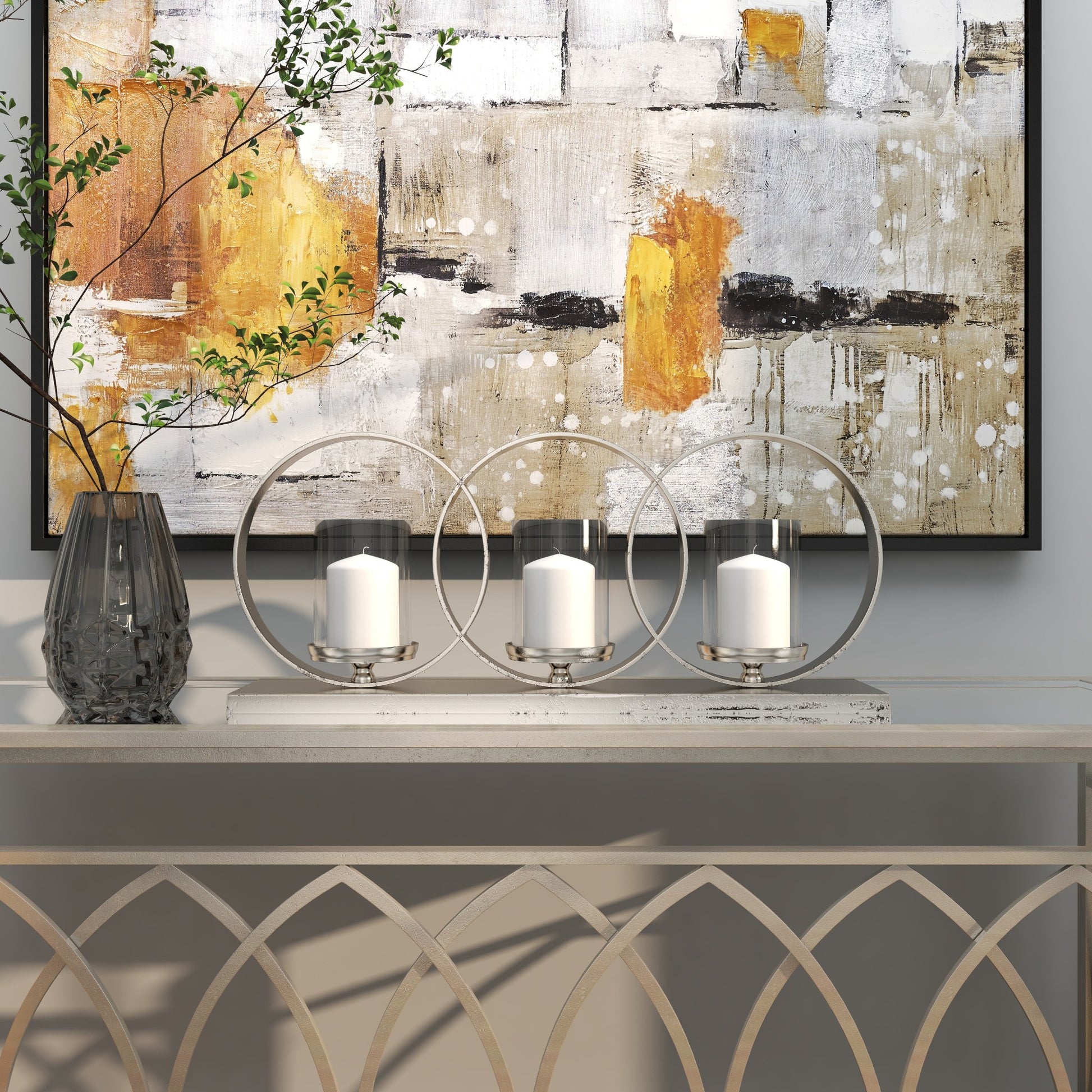 Geometric Silver Aluminum Metal Overlapping Rings Pillar 3 Plate Decorative Candelabra