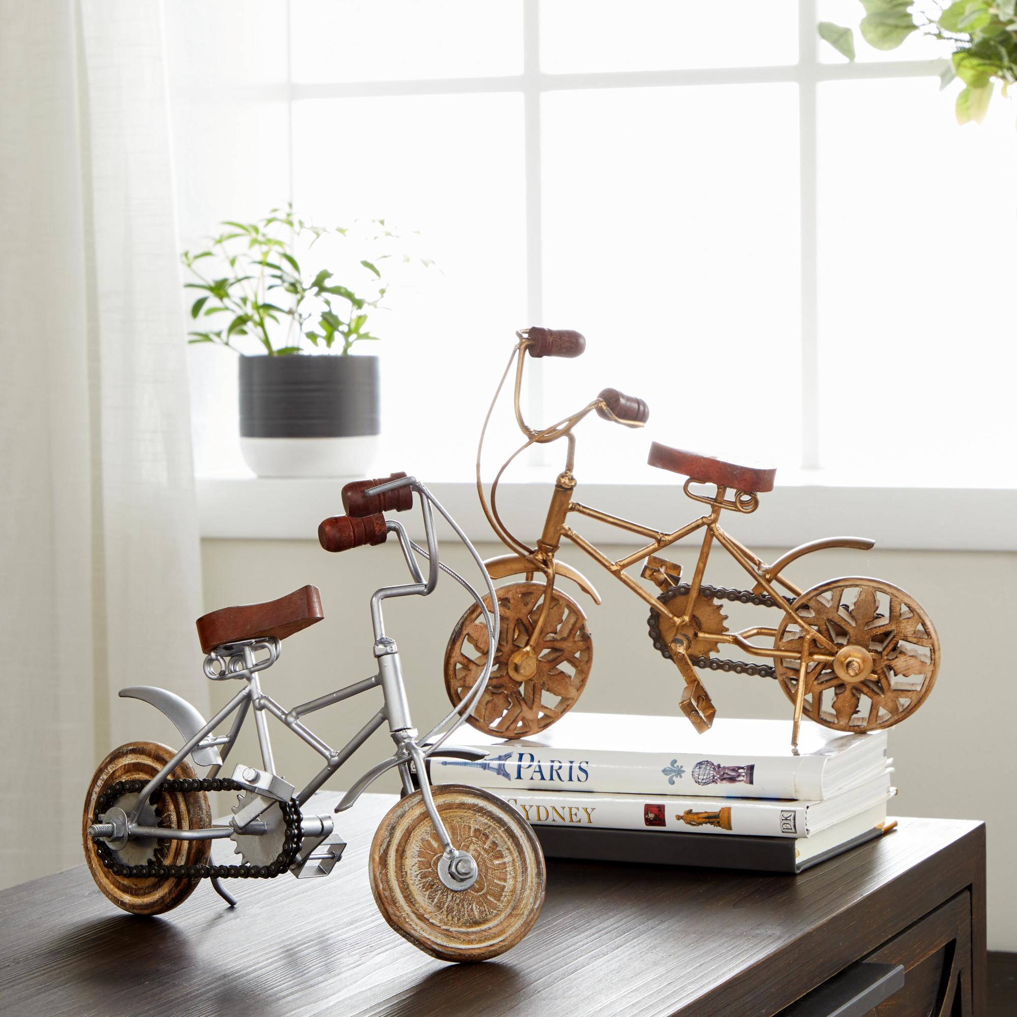 Set of 2 Bike Multi Colored Metal Decorative Sculpture with Wood Wheels