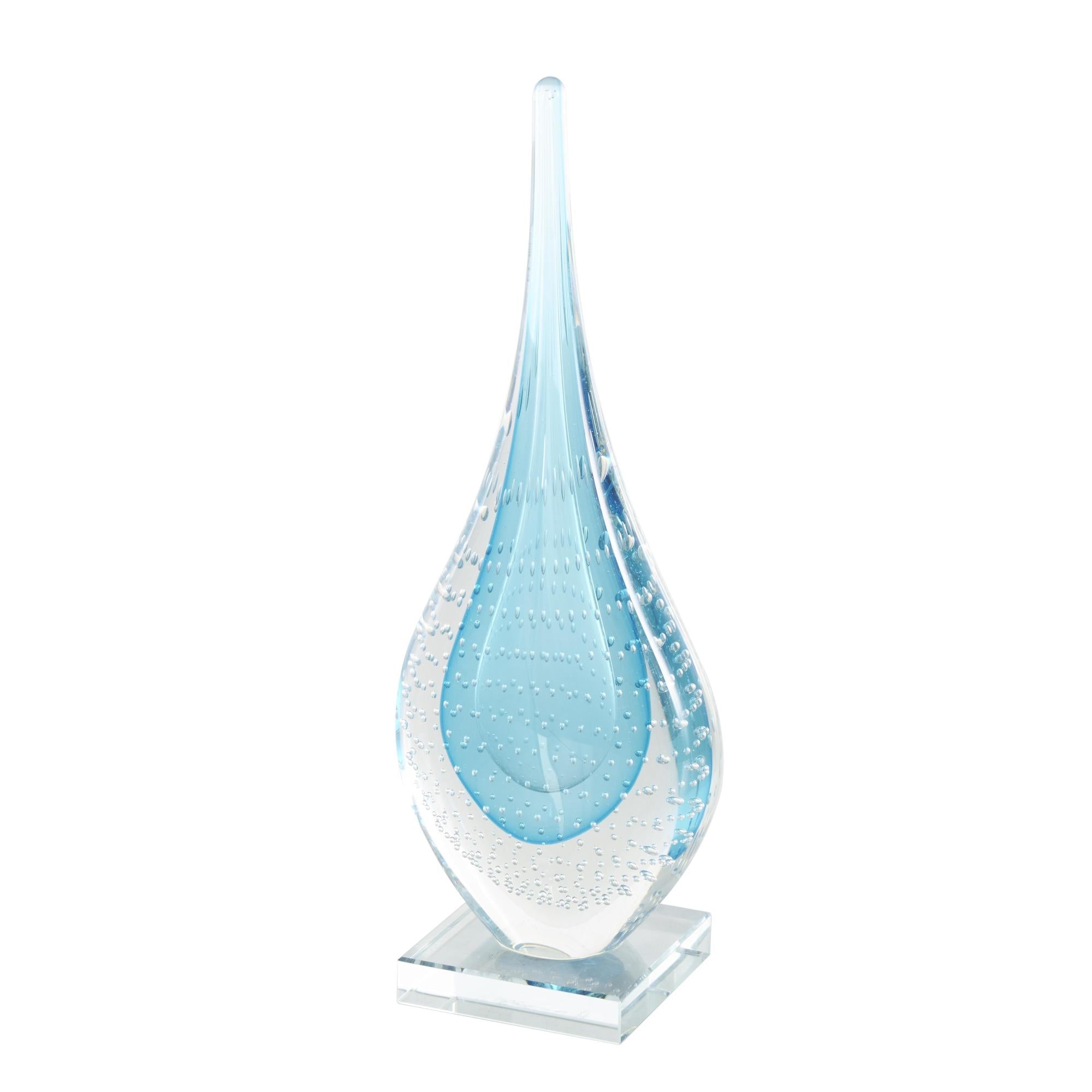 Abstract Blue Glass Teardrop Decorative Sculpture with Clear Bubble Droplets