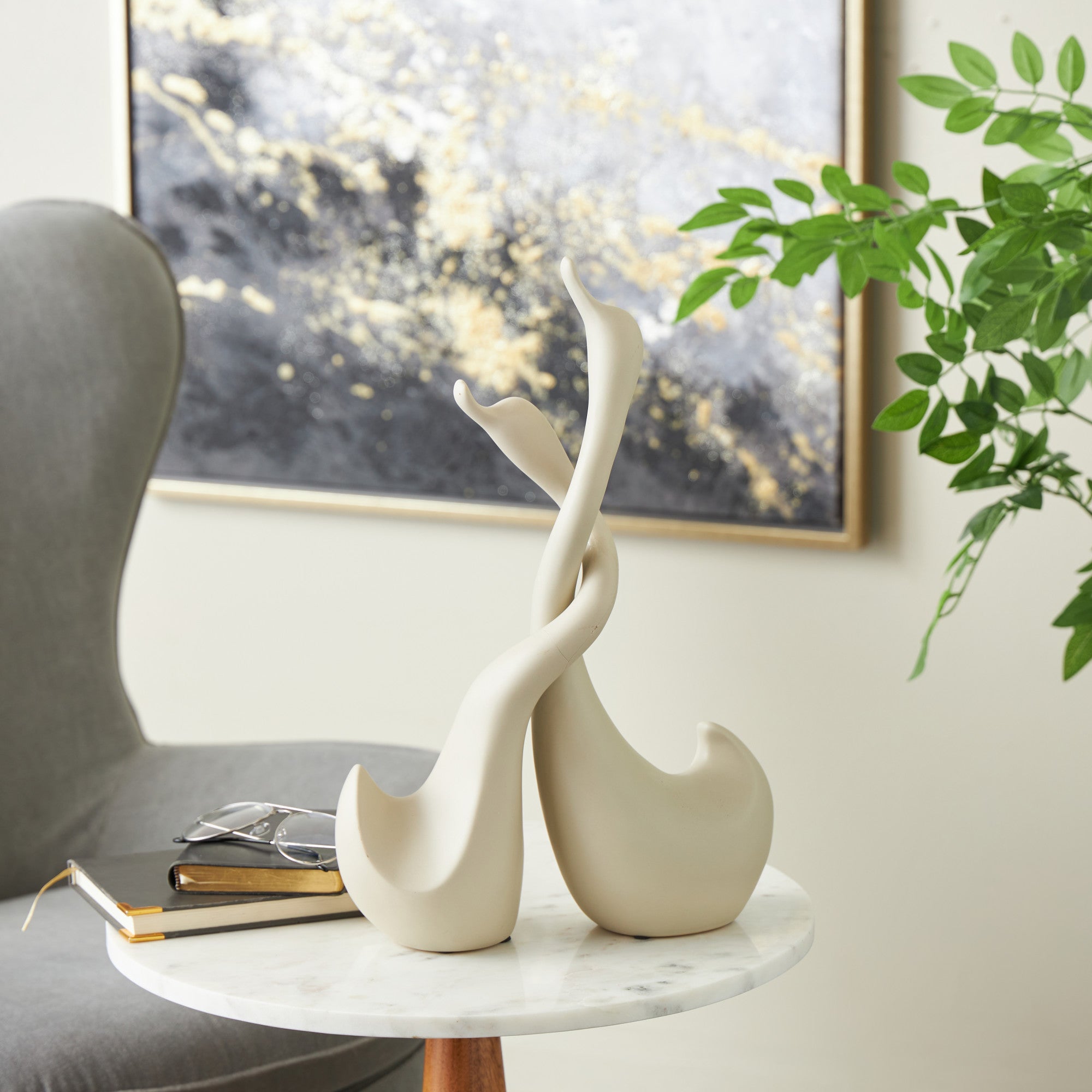 Set of 2 Swan Beige Ceramic Intertwined Decorative Sculpture