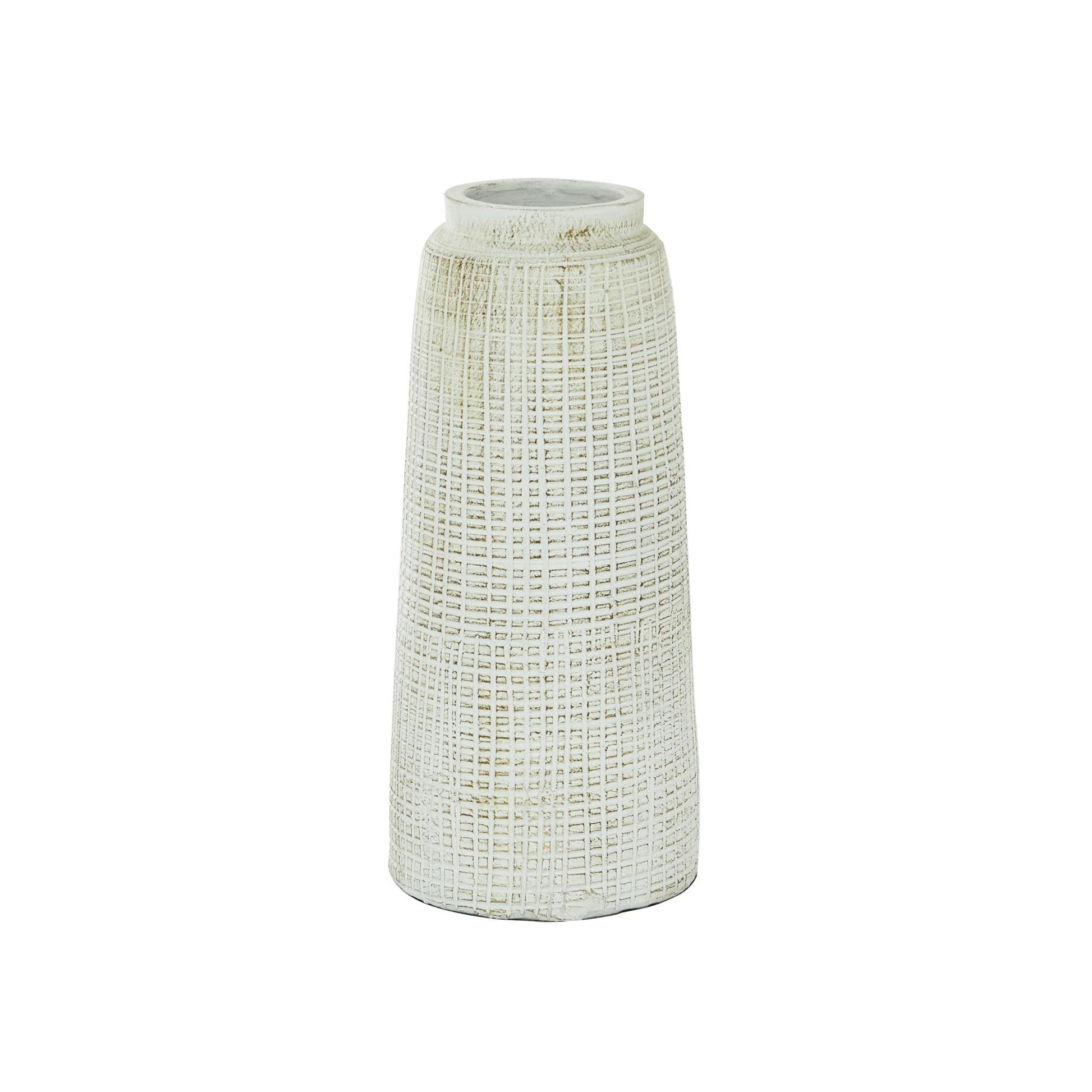 White Ceramic Textured Crosshatch Decorative Vase with Crosshatch Design