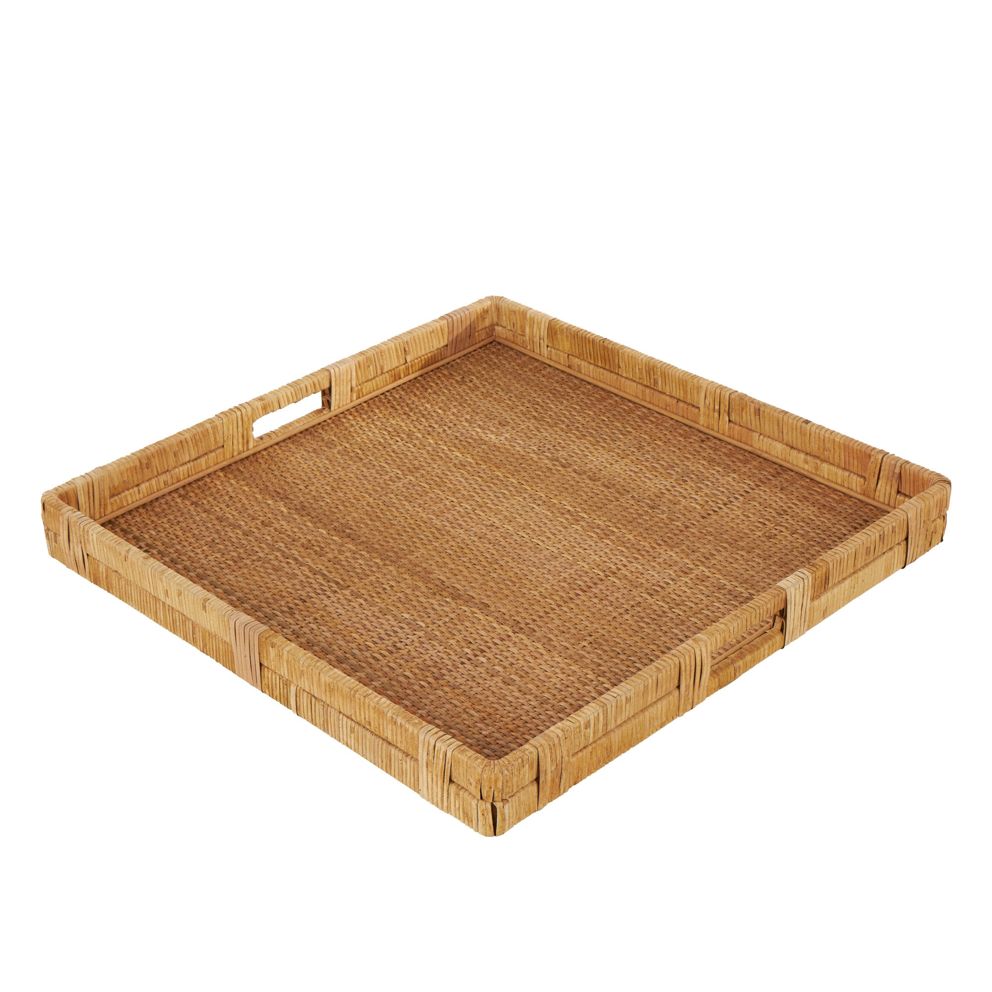 Brown Rattan Handmade Woven Living Room Decor Tray with Slot Handles