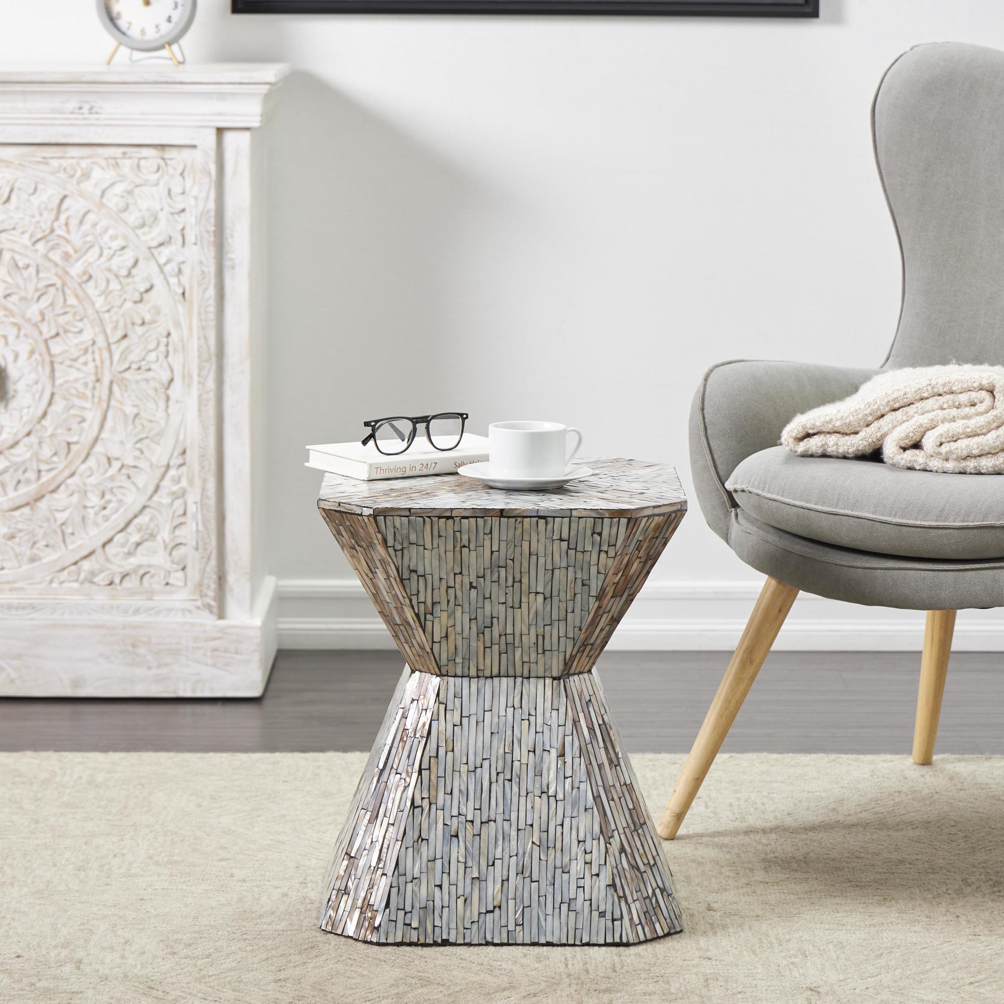 Geometric Gray Mother of Pearl Shell Handmade Hourglass Side End Accent Table with Linear Mosaic Pattern