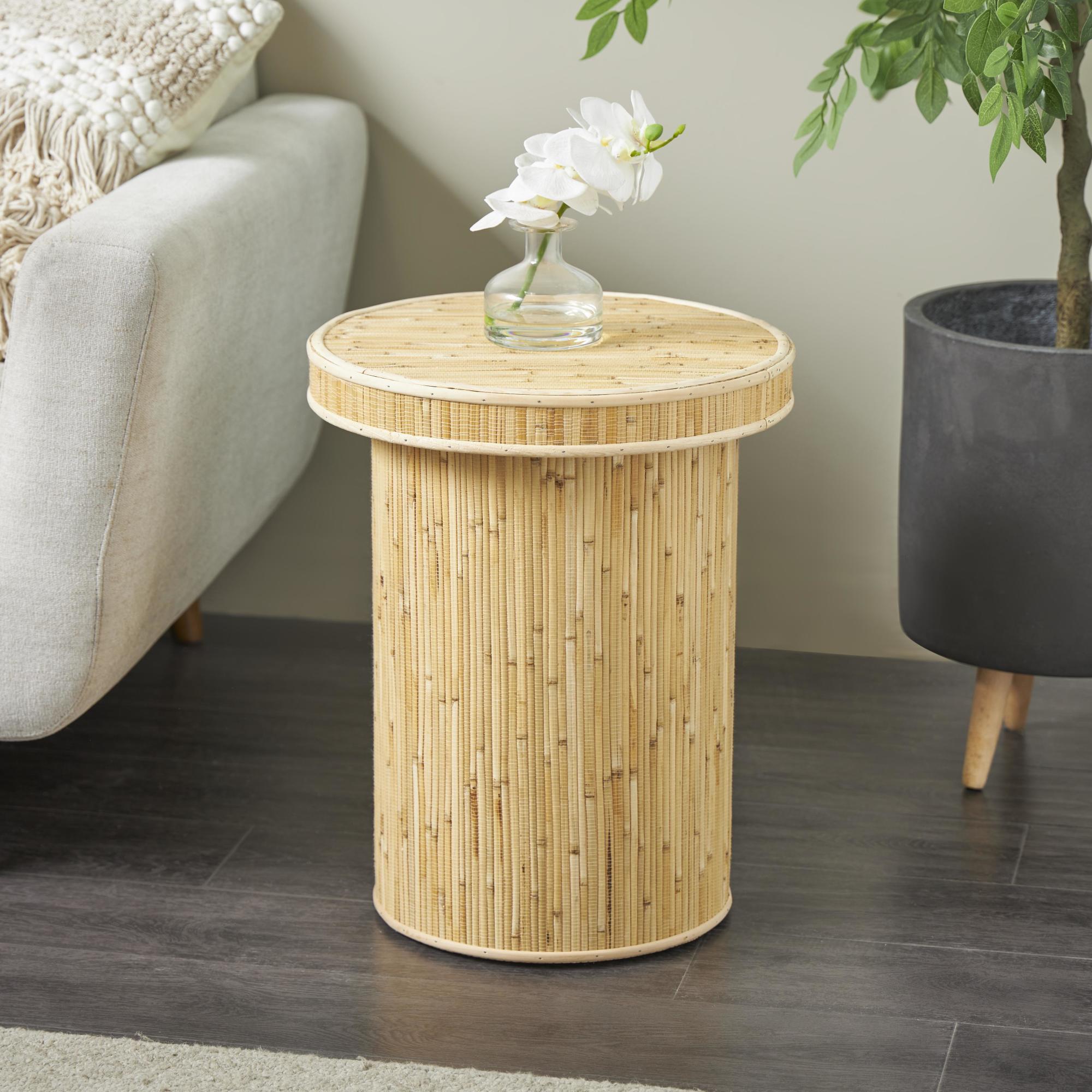 Light Brown Wooden Handmade Side End Accent Table with Linear Wood Strip Design