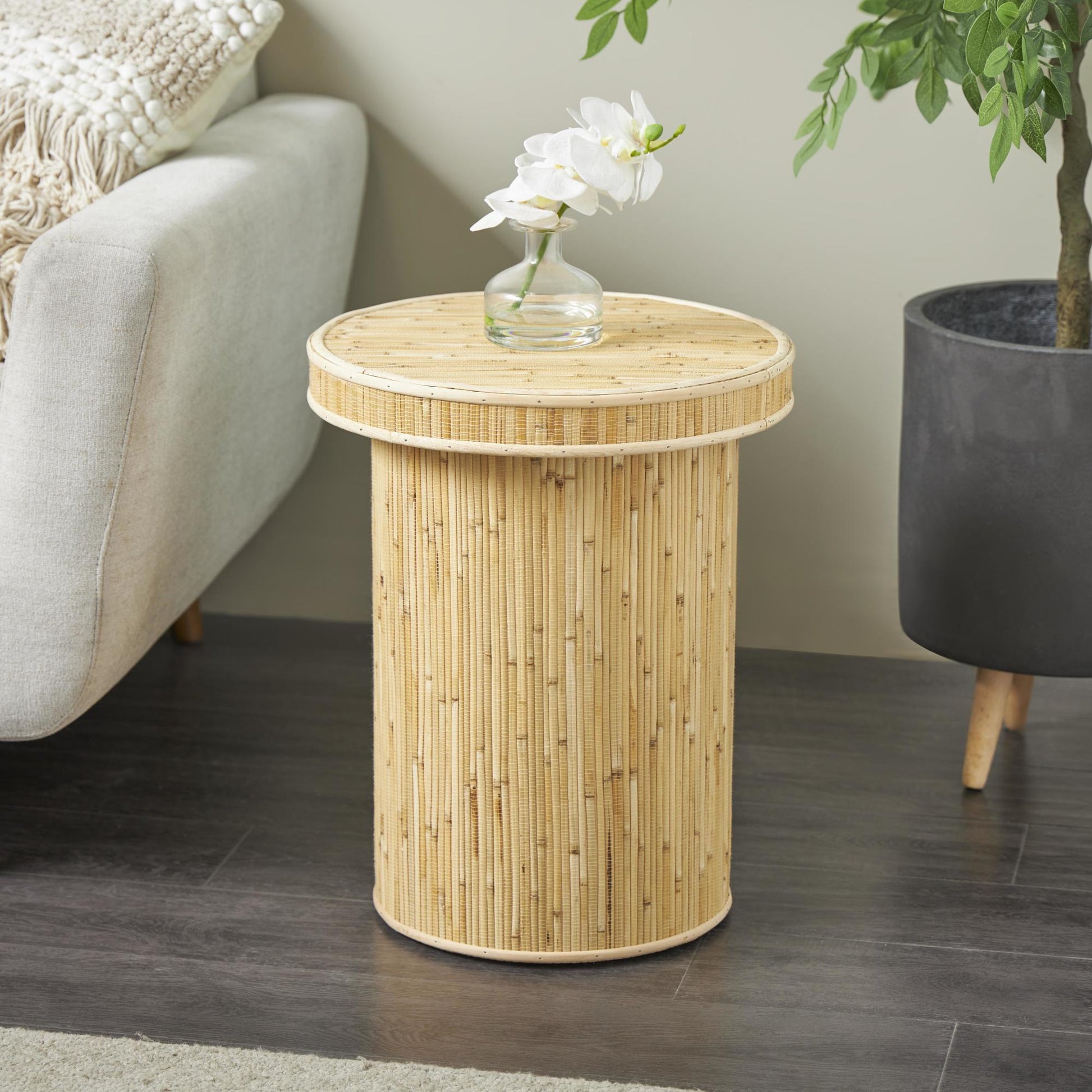 Light Brown Wooden Handmade Side End Accent Table with Linear Wood Strip Design
