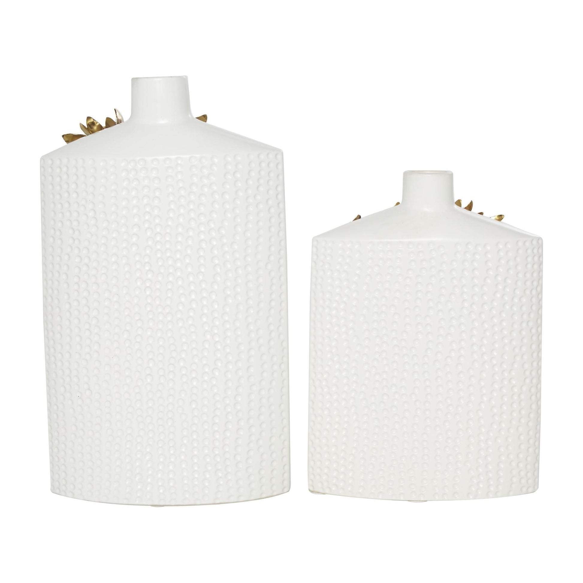 Set of 2 Leaf White Ceramic Decorative Vase with Abstract Spotted Pattern and Gold Accents