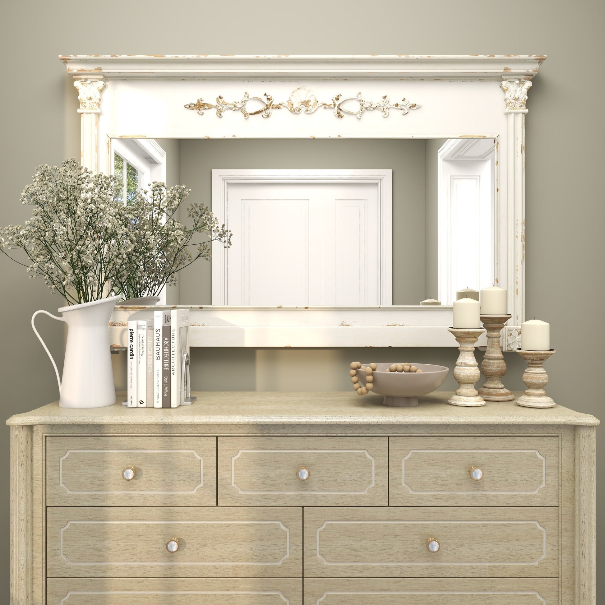 Floral Cream Wood Carved Room Wall Mirror with Distressing