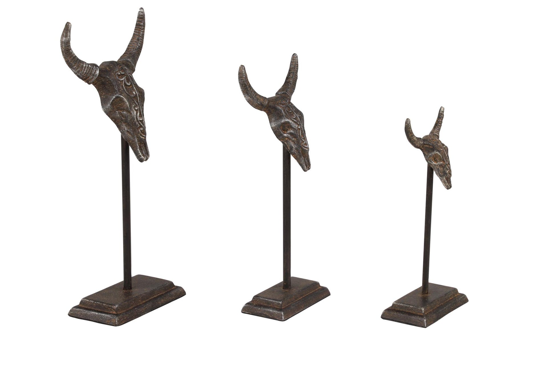 Set of 3 Bull Gray Metal Head Decorative Sculpture