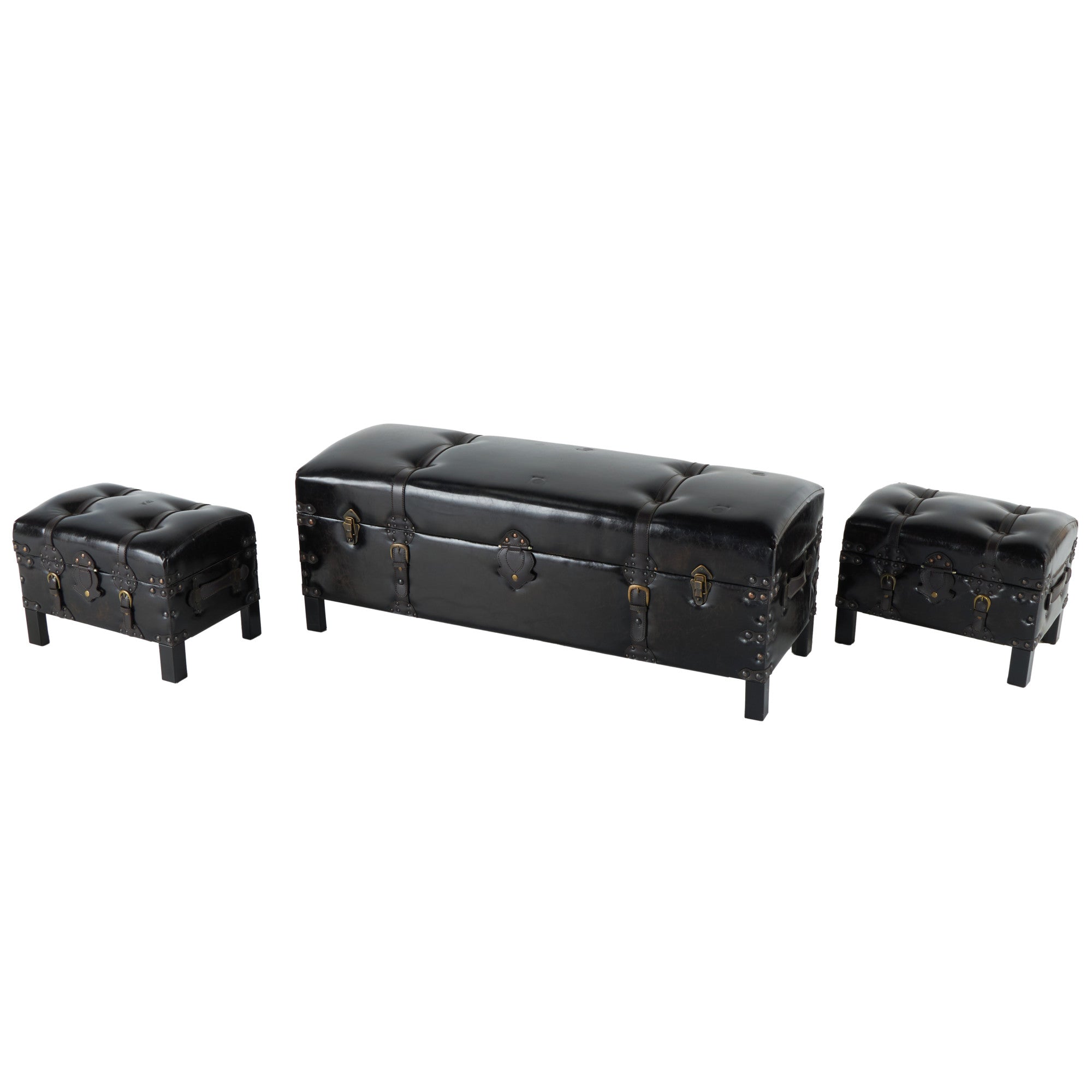Set of 3 Brown Faux Leather Vintage Room Storage Bench with Faux Leather Buckle Straps and Stud Details
