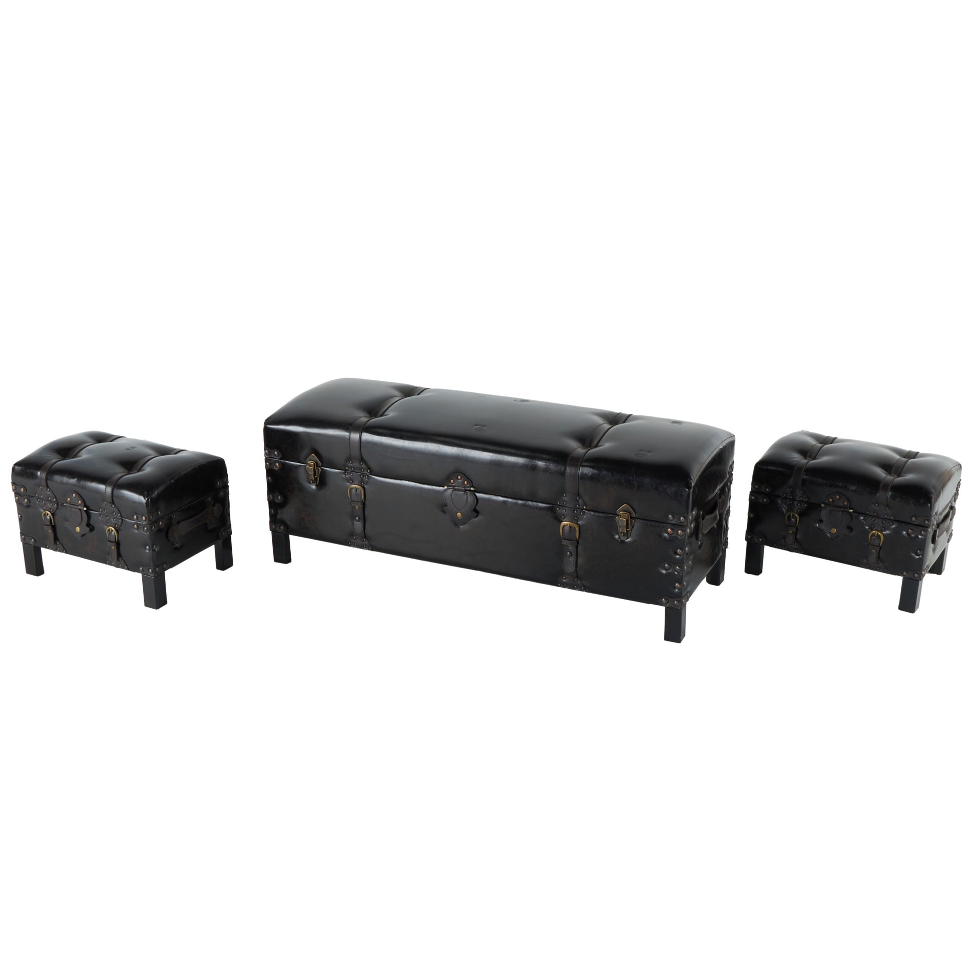 Set of 3 Brown Faux Leather Vintage Room Storage Bench with Faux Leather Buckle Straps and Stud Details