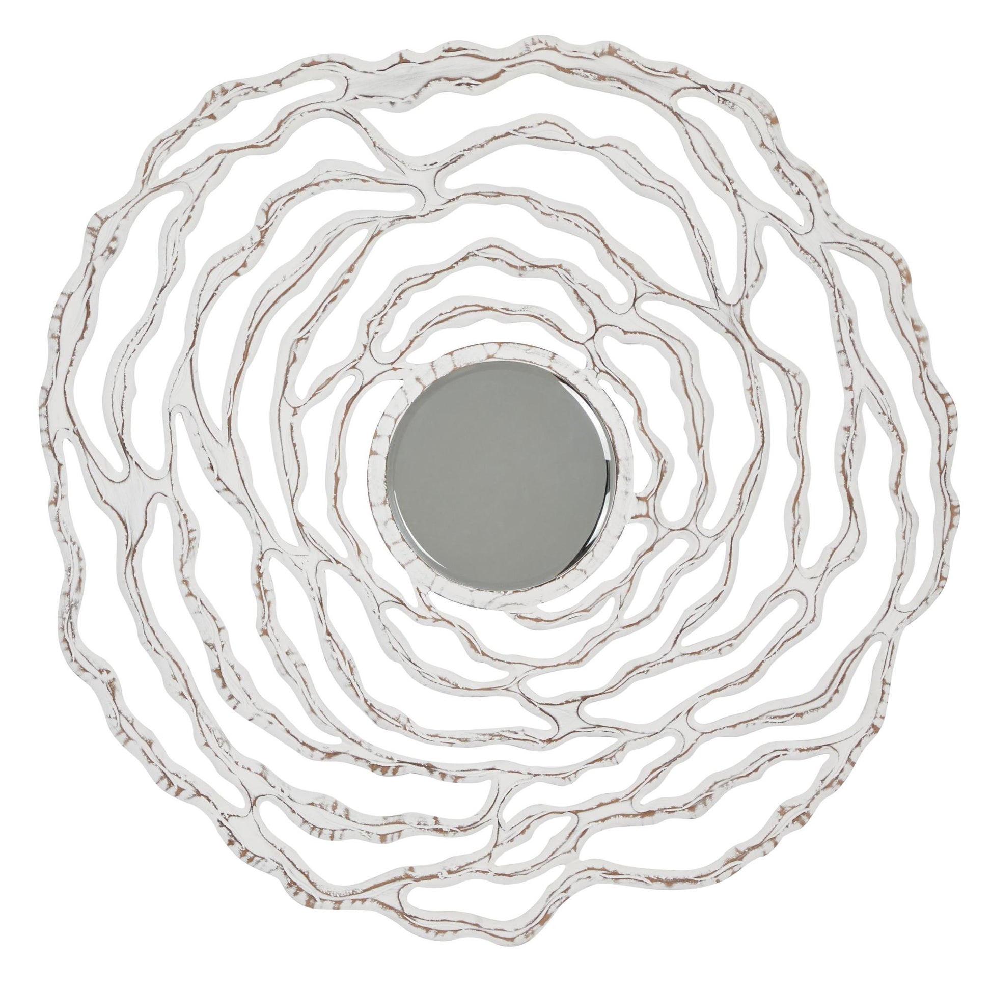 Floral White Wooden Carved Room Wall Mirror with Cutout Design