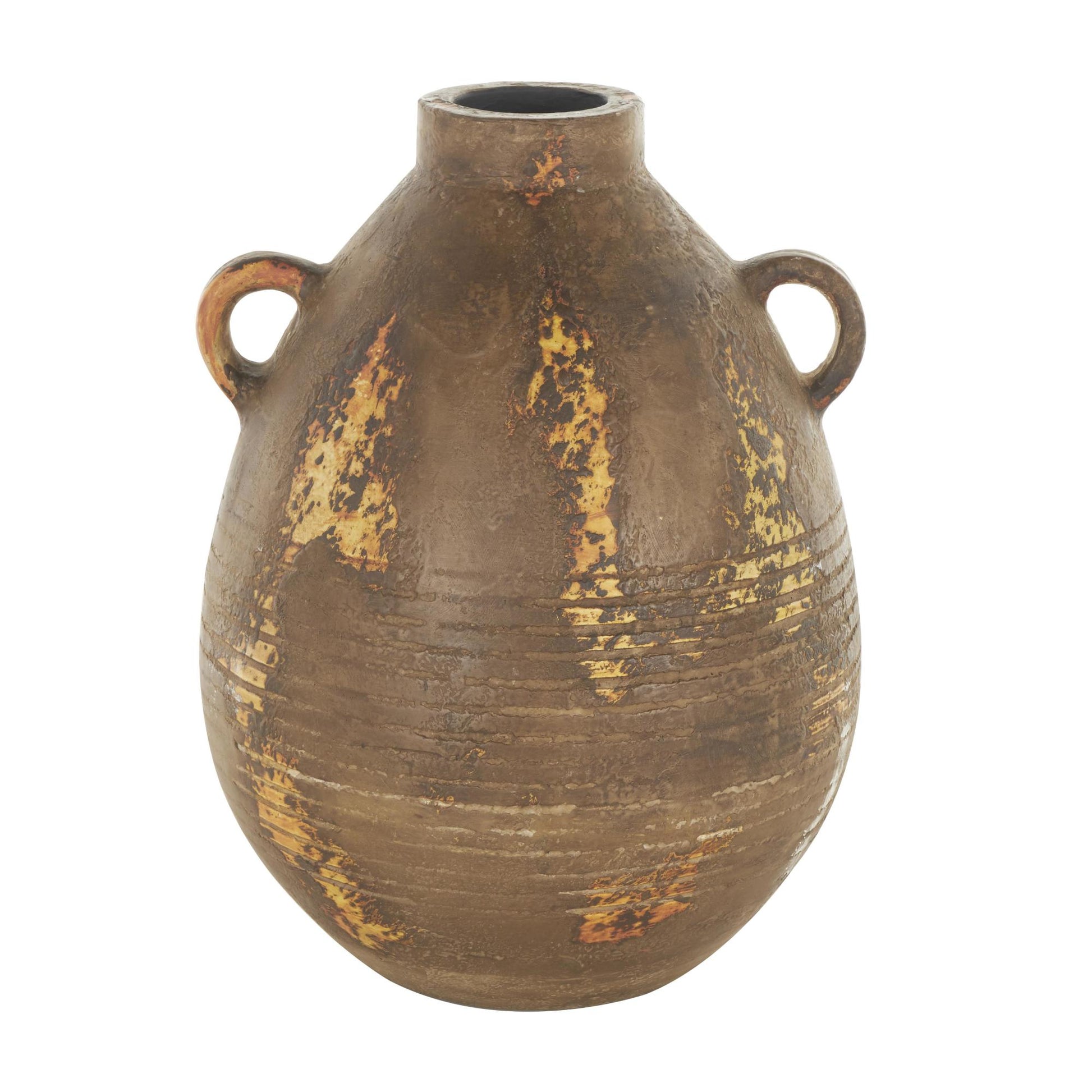 Brown Ceramic Antique Style Distressed Decorative Vase with Grooves and Handles