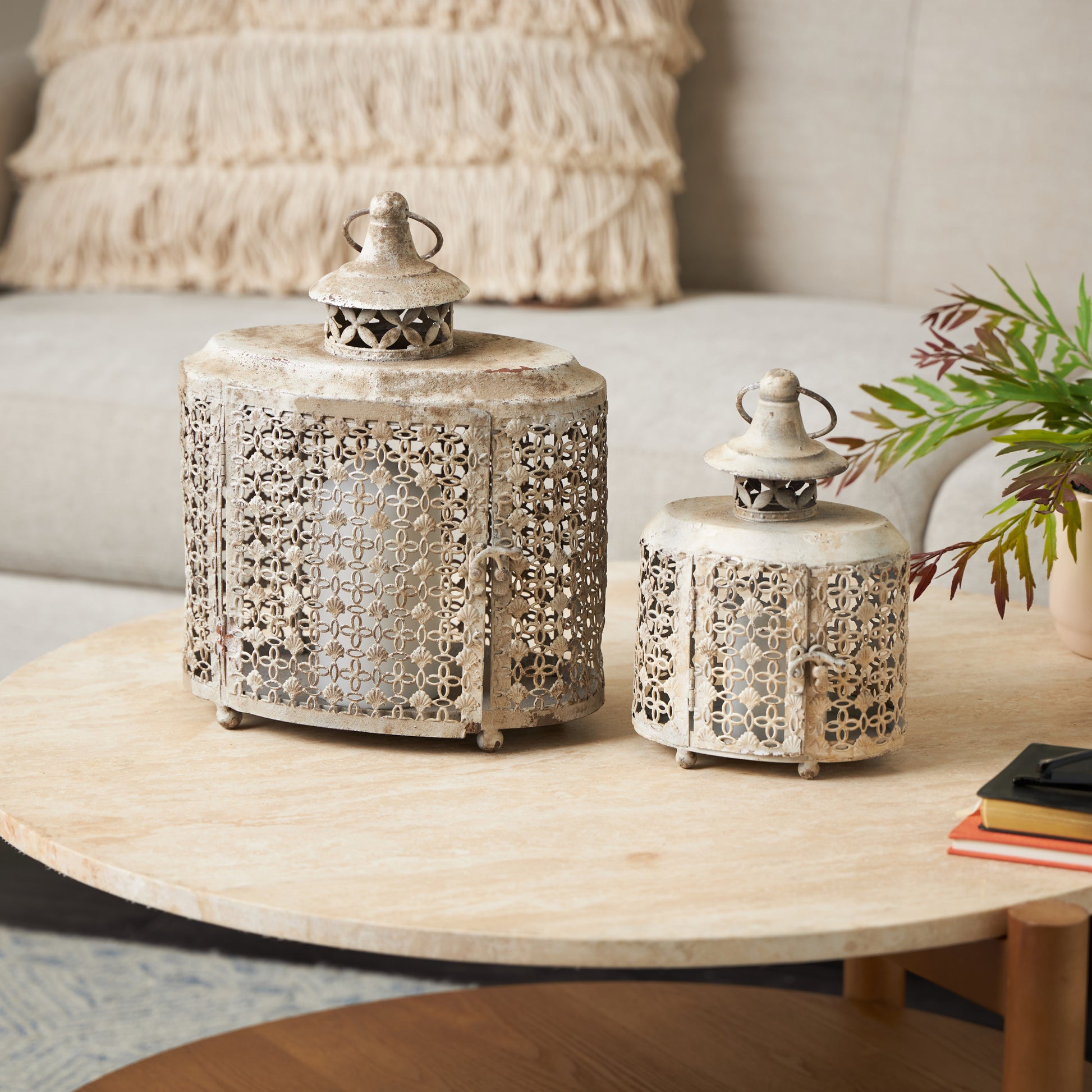 Set of 2 Floral Beige Metal Antique Distressed Oval Cutout Indoor Outdoor Candle Lantern