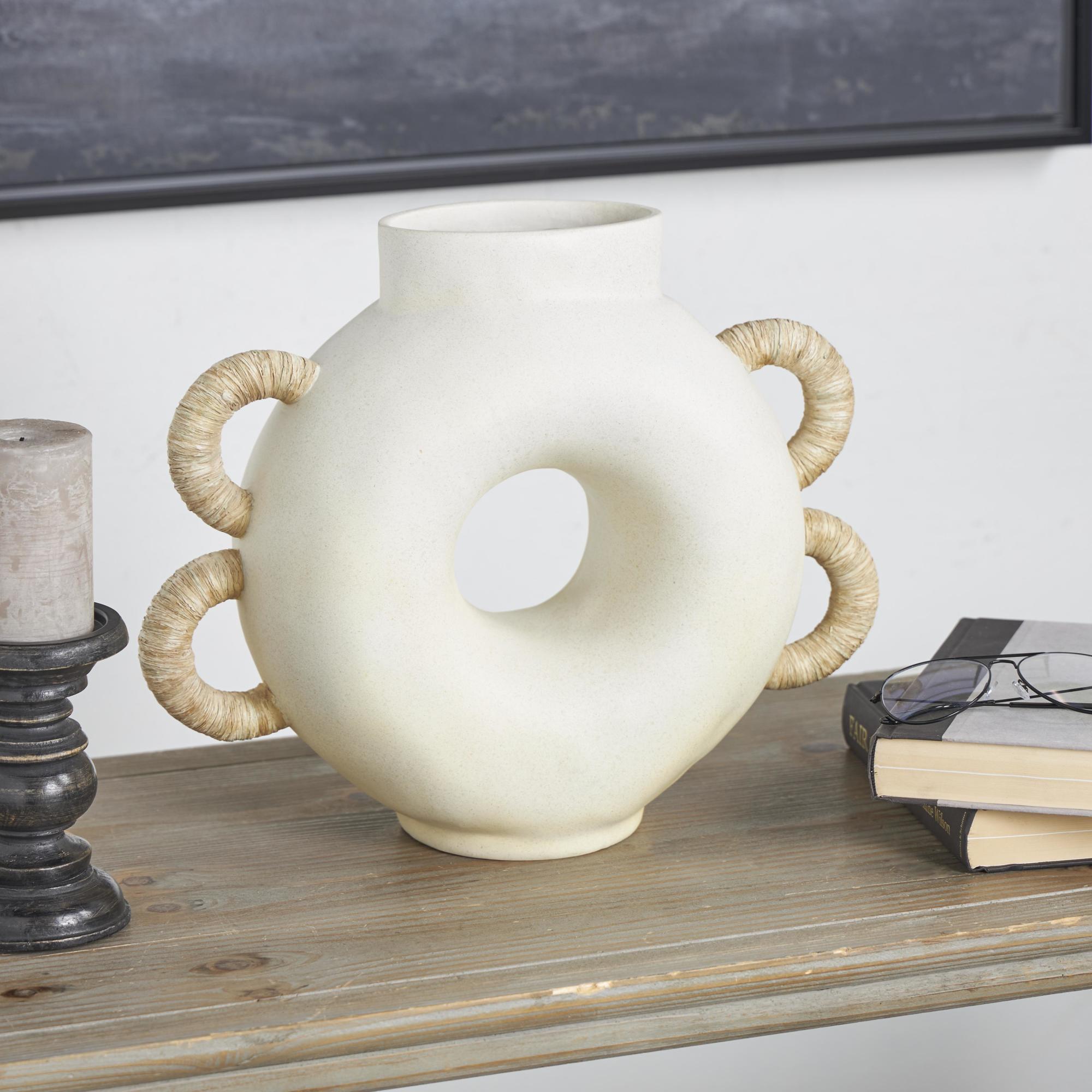 Geometric Cream Resin Round Speckled Decorative Vase with Woven Inspired Arched Handles and Cutout Opening