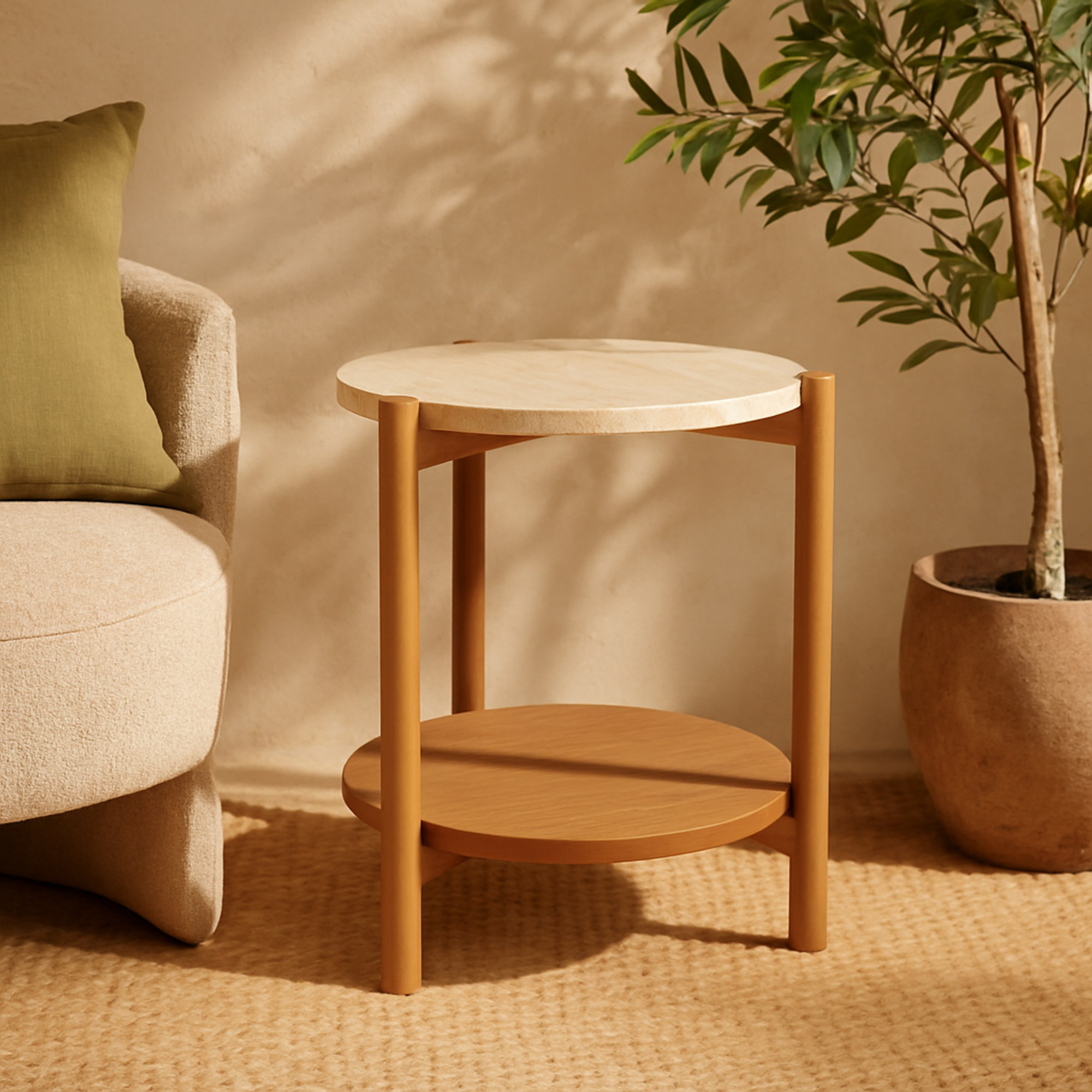 Brown Wood Handmade Round Side End Accent Table with Beige Round Marble Top