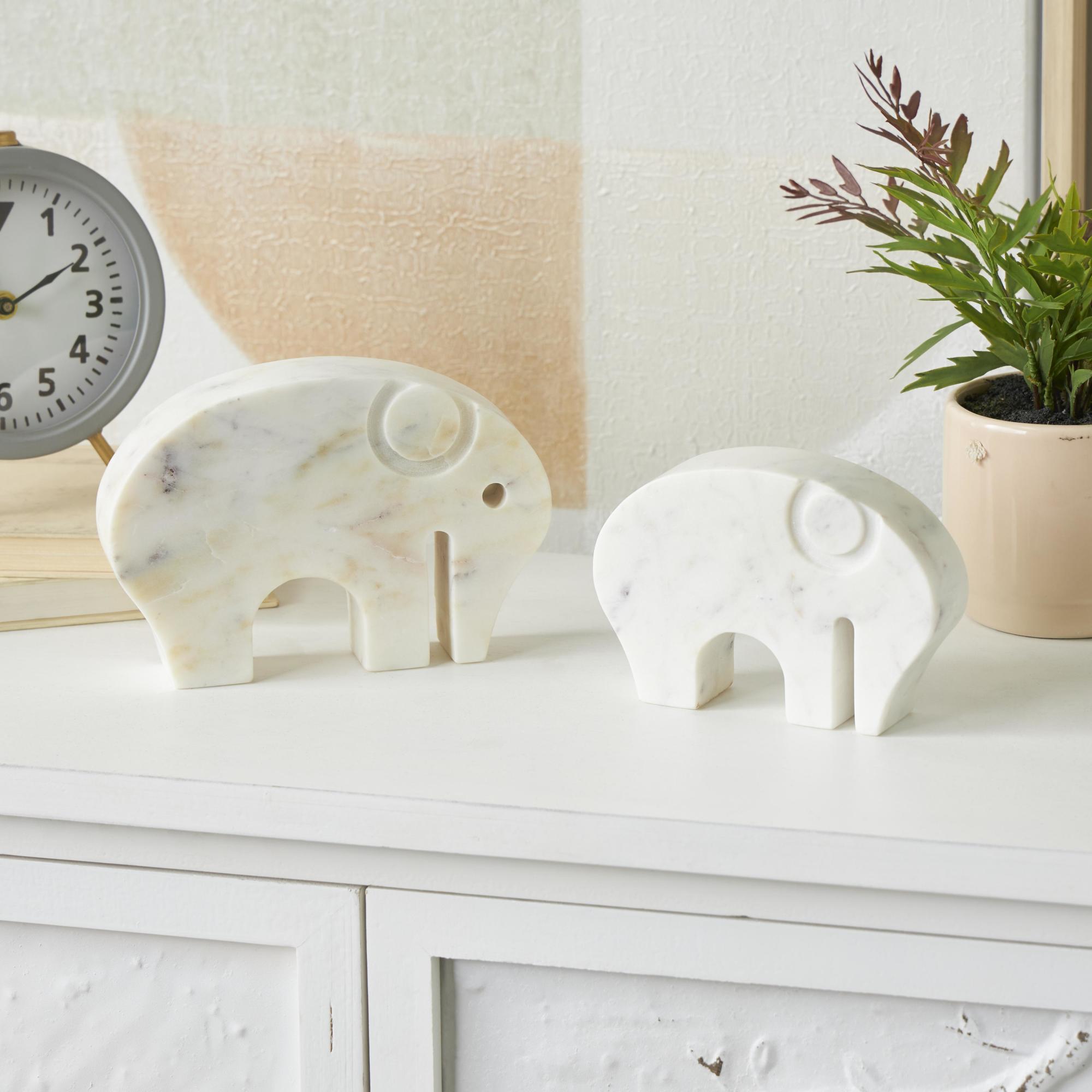 Set of 2 Elephant White Marble Rounded Abstract Decorative Sculpture with Gray Marble Veins and Cutouts