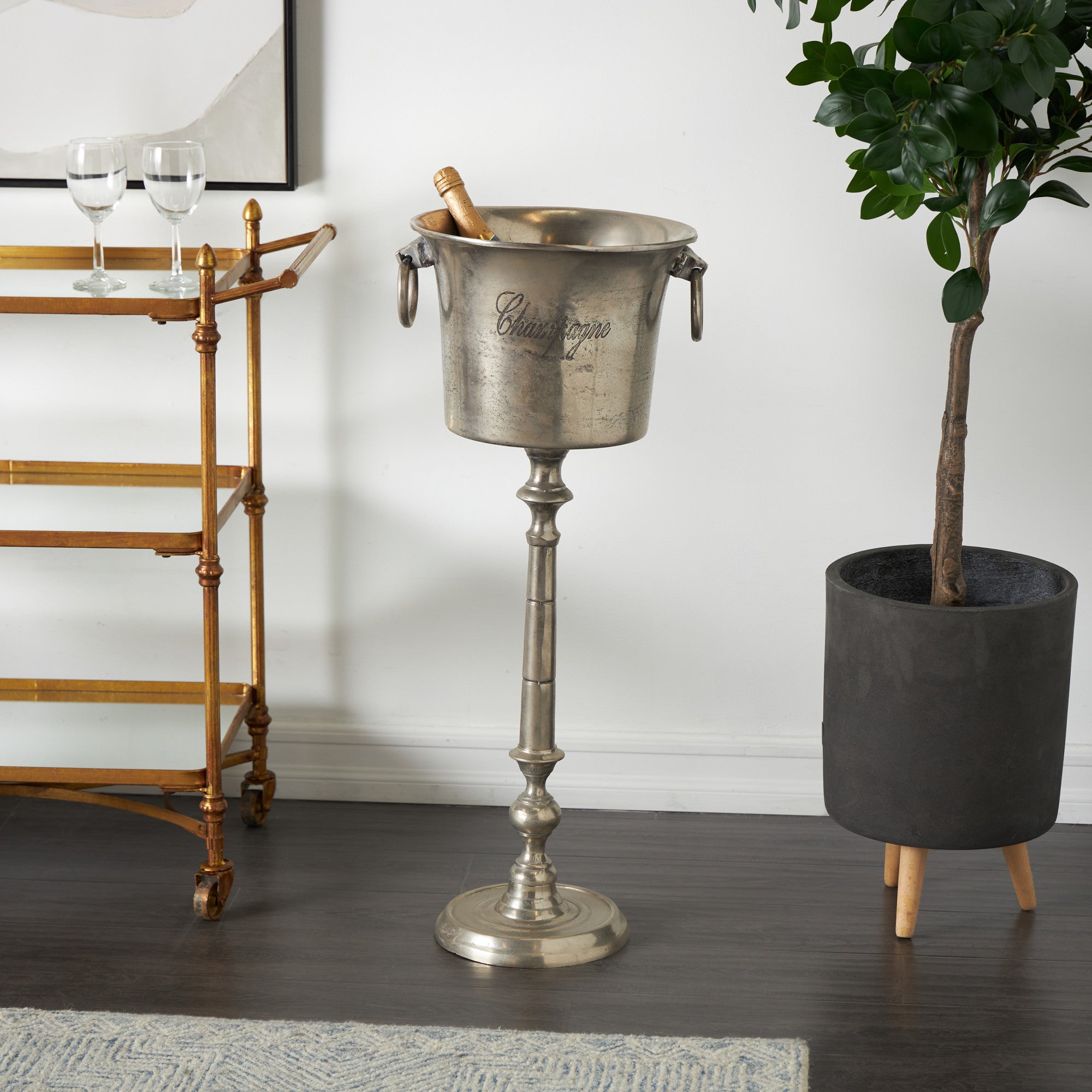 Silver Aluminum Metal Tall Floor Champagne Decorative Ice Bucket with Handles