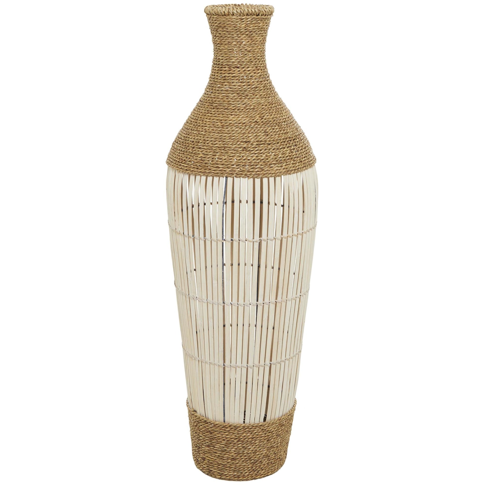 Brown Seagrass Handmade Wrapped Tall Decorative Vase with Cream Slatted Bamboo Center