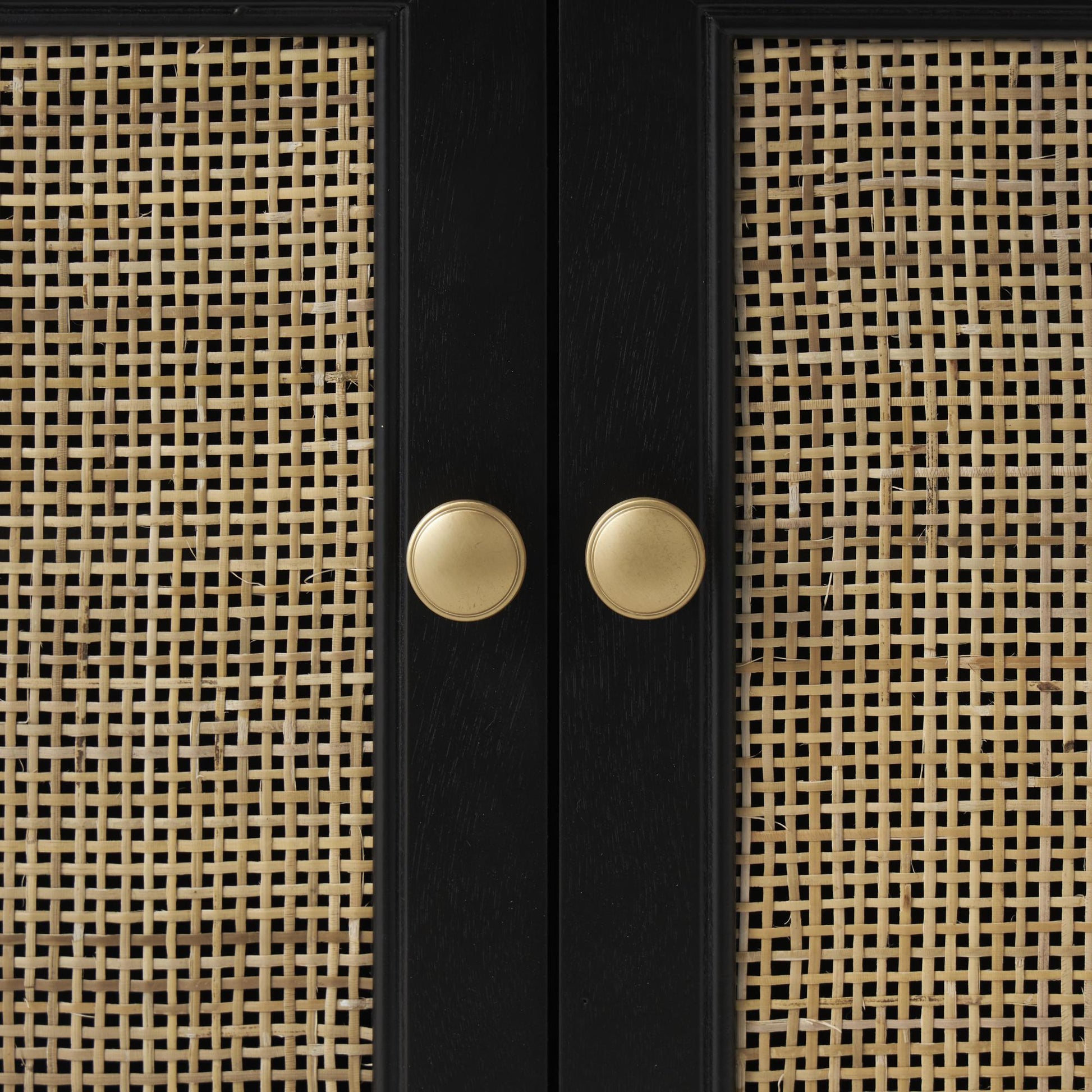 Black Wood Handmade 2 Door and 2 Drawer Room Cabinet with Rattan Front