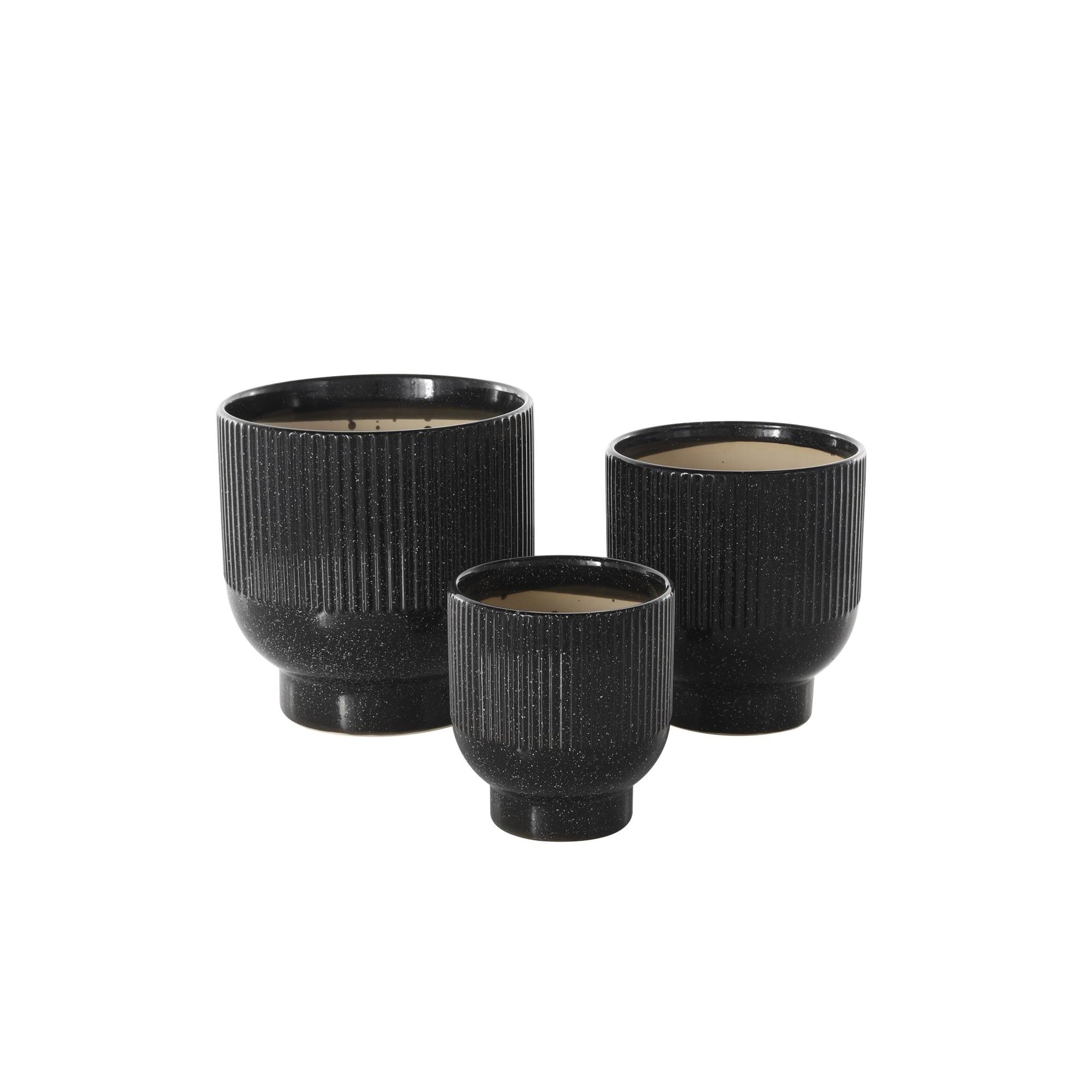 Set of 3 Ceramic Speckled Indoor Outdoor Planter with Linear Grooves and Tapered Bases Set of 3 9", 8", 6"H