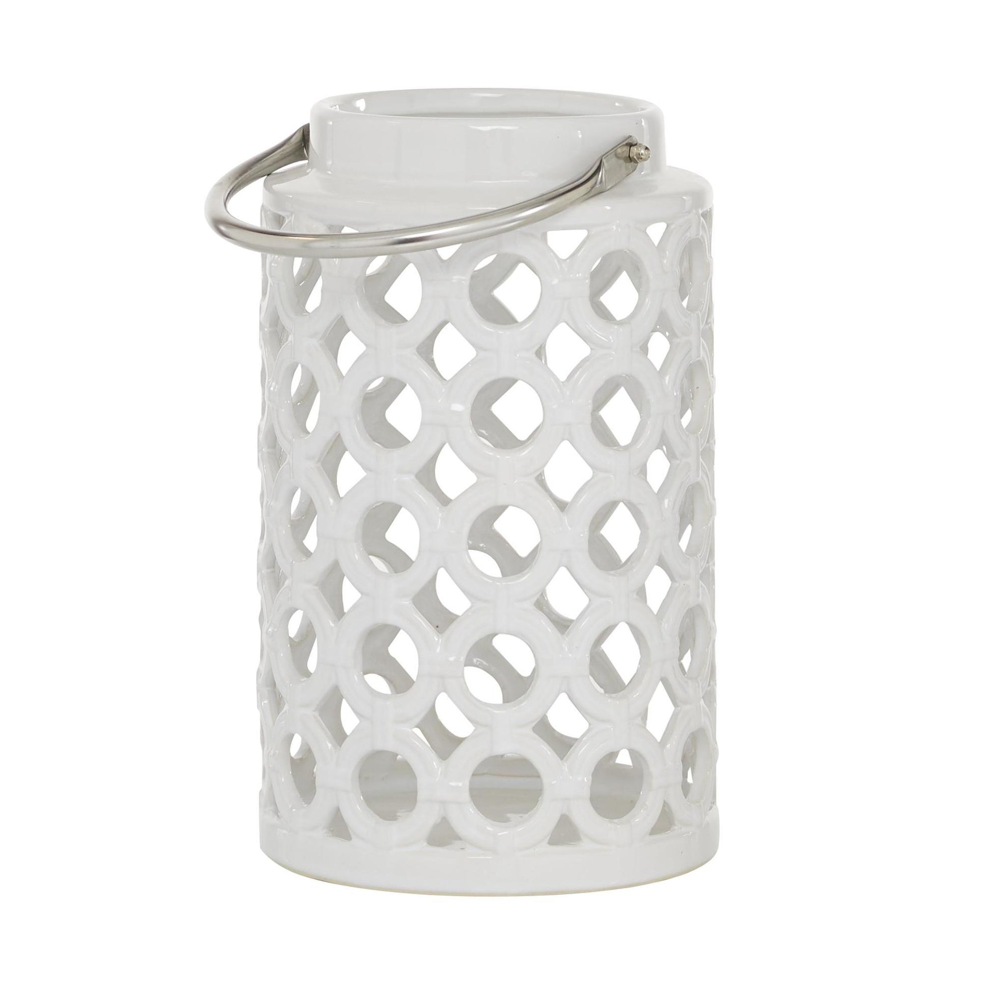 White Ceramic Circles Decorative Indoor Outdoor Candle Lantern with Cut Out Design