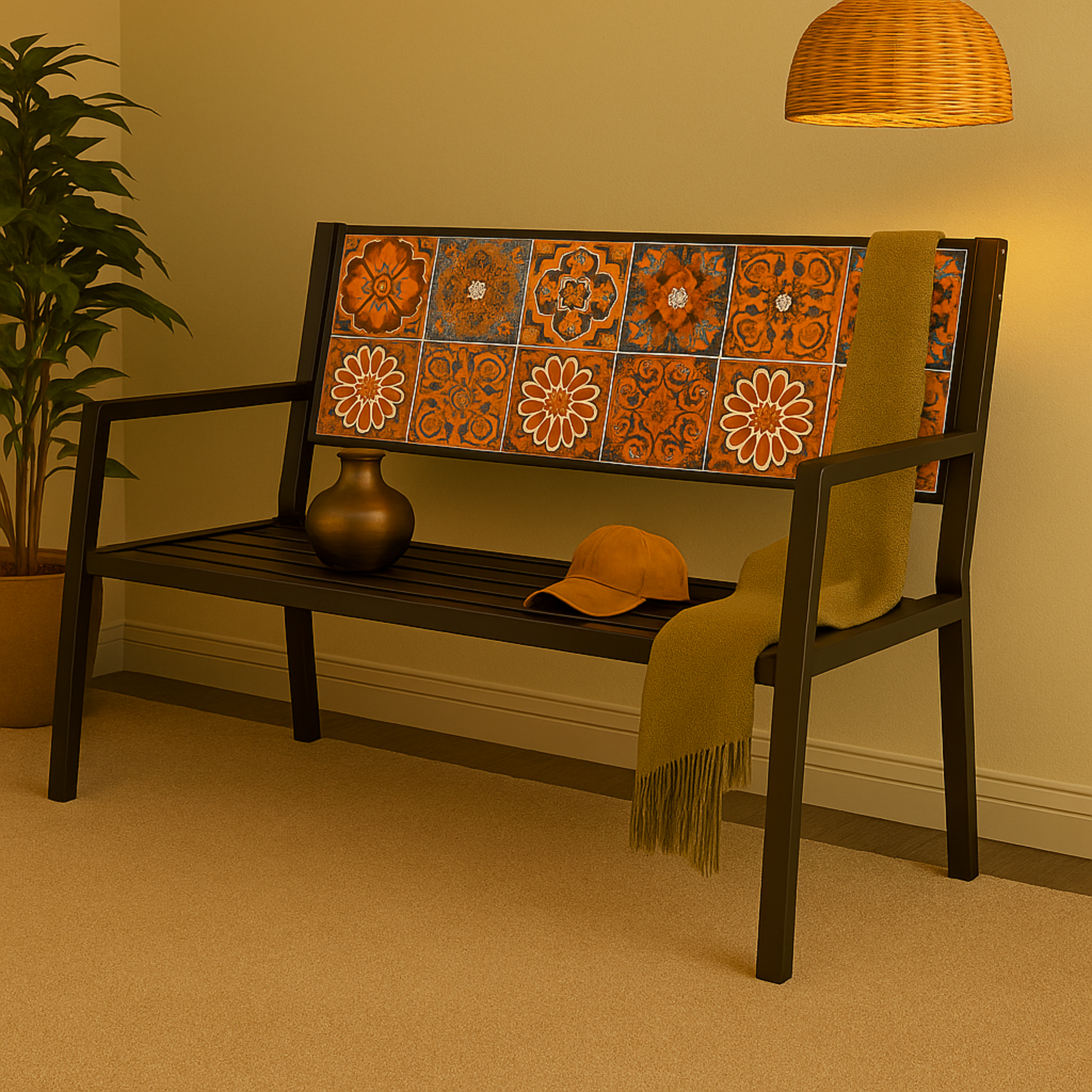 Metal Mosaic Floral and Scroll Patio Outdoor Bench with Orange and Blue Patterns 47" x 22" x 36"