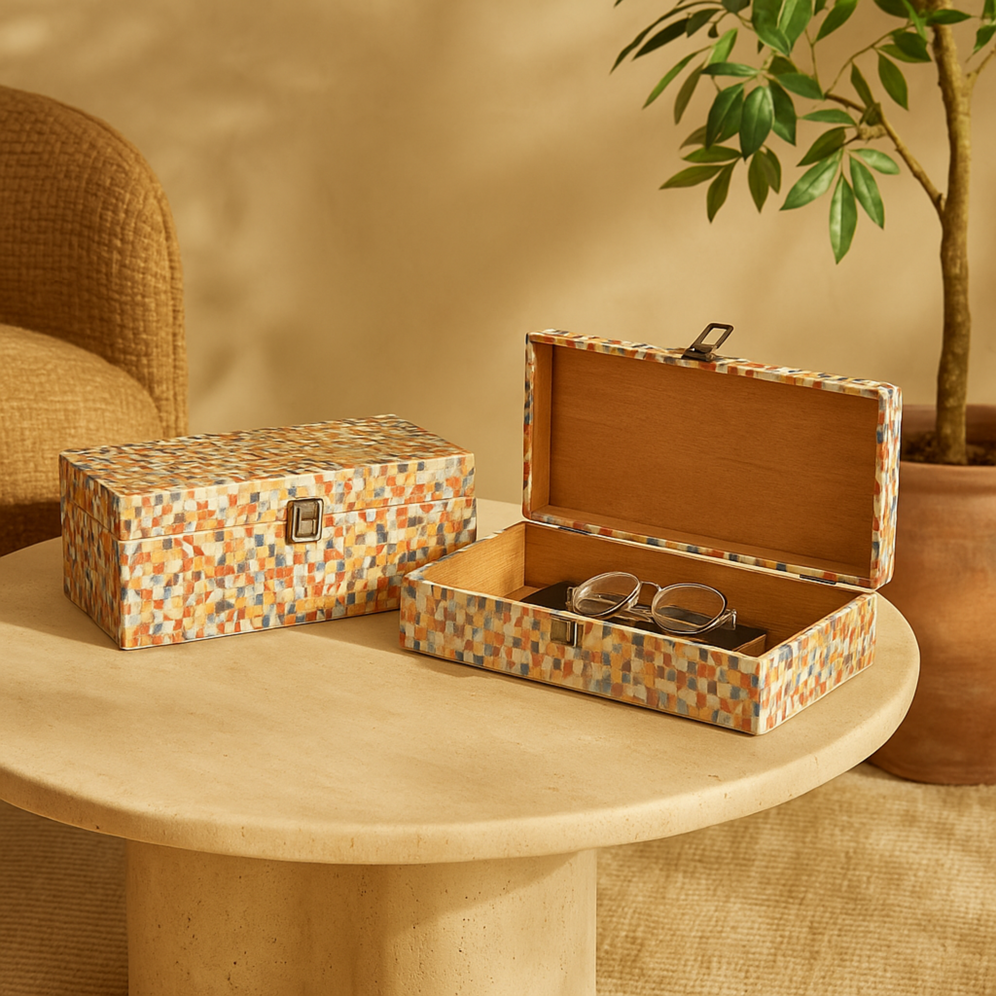 Set of 2 Fabric Handmade Storage Decorative Box with Bronze Latches