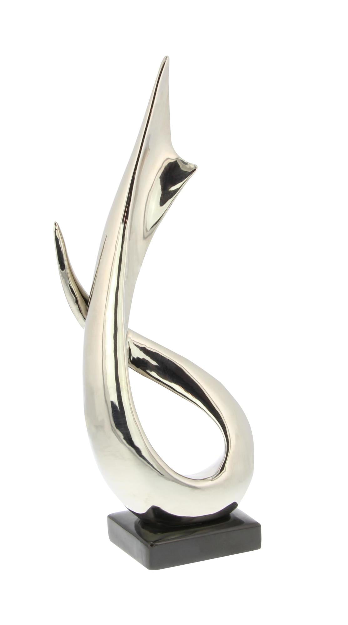 Abstract Silver Porcelain Ceramic Decorative Sculpture with Black Base