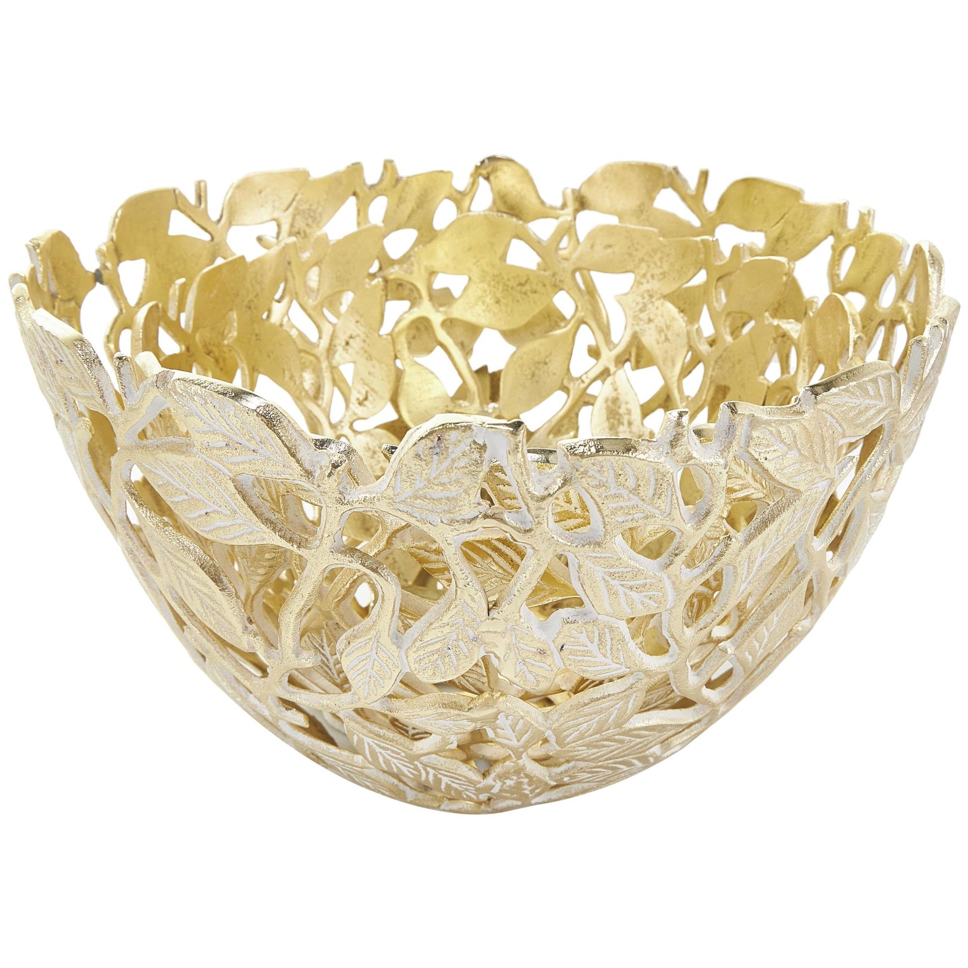 Set of 2 Leaf Gold Aluminum Metal Large Decorative Bowl with White Detailing