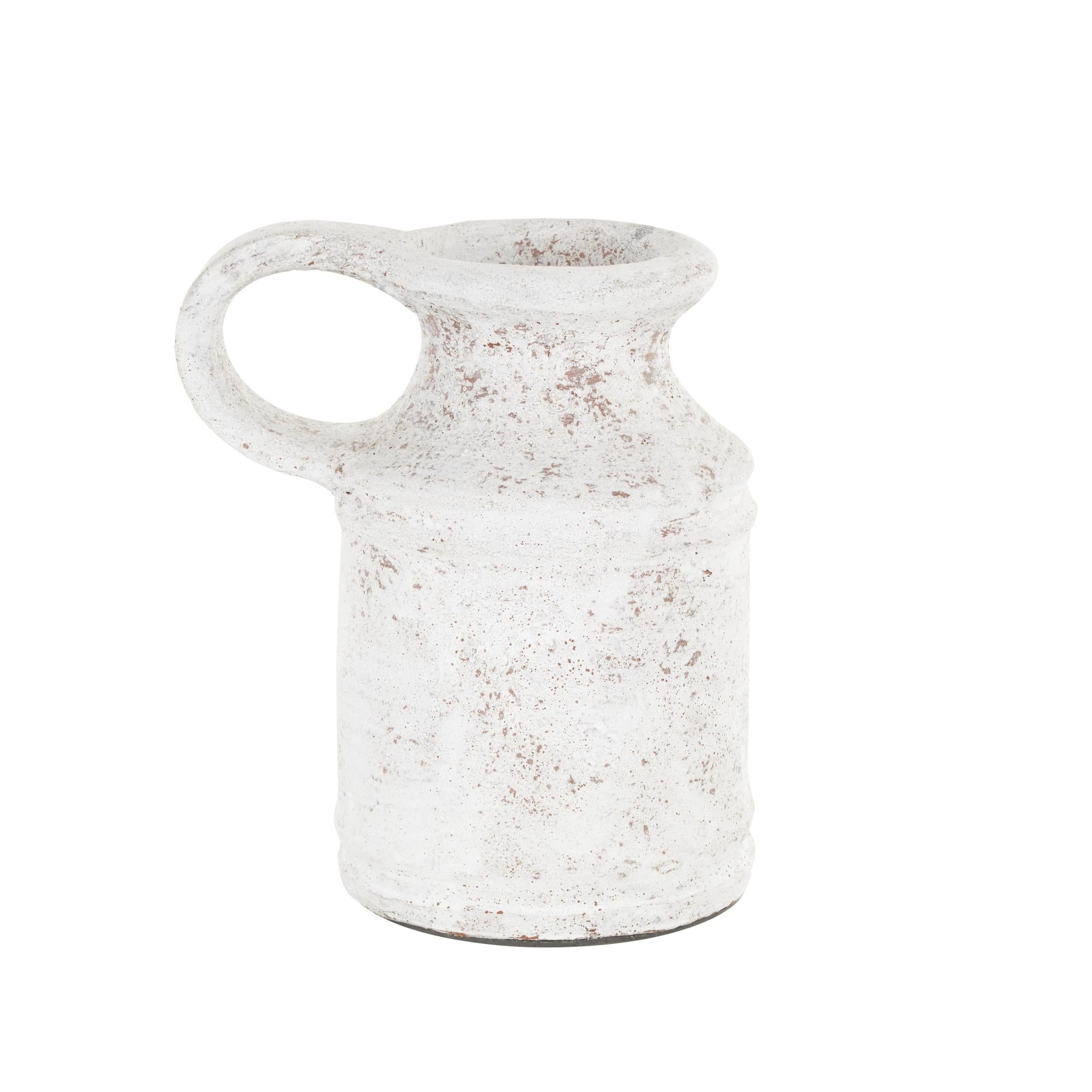 White Ceramic Antique Style Textured Decorative Vase with Terracotta Accents and Ring Handle