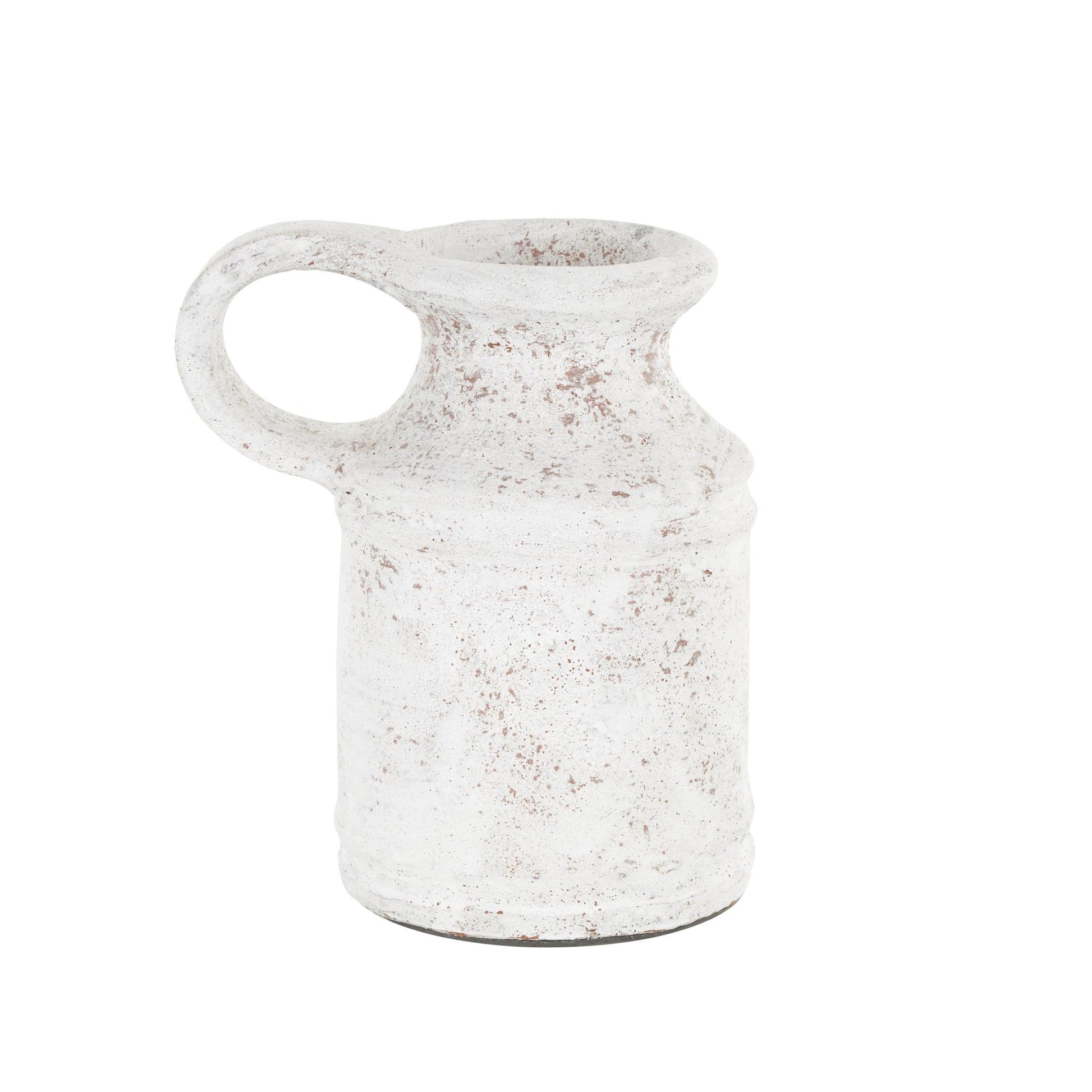 White Ceramic Antique Style Textured Decorative Vase with Terracotta Accents and Ring Handle