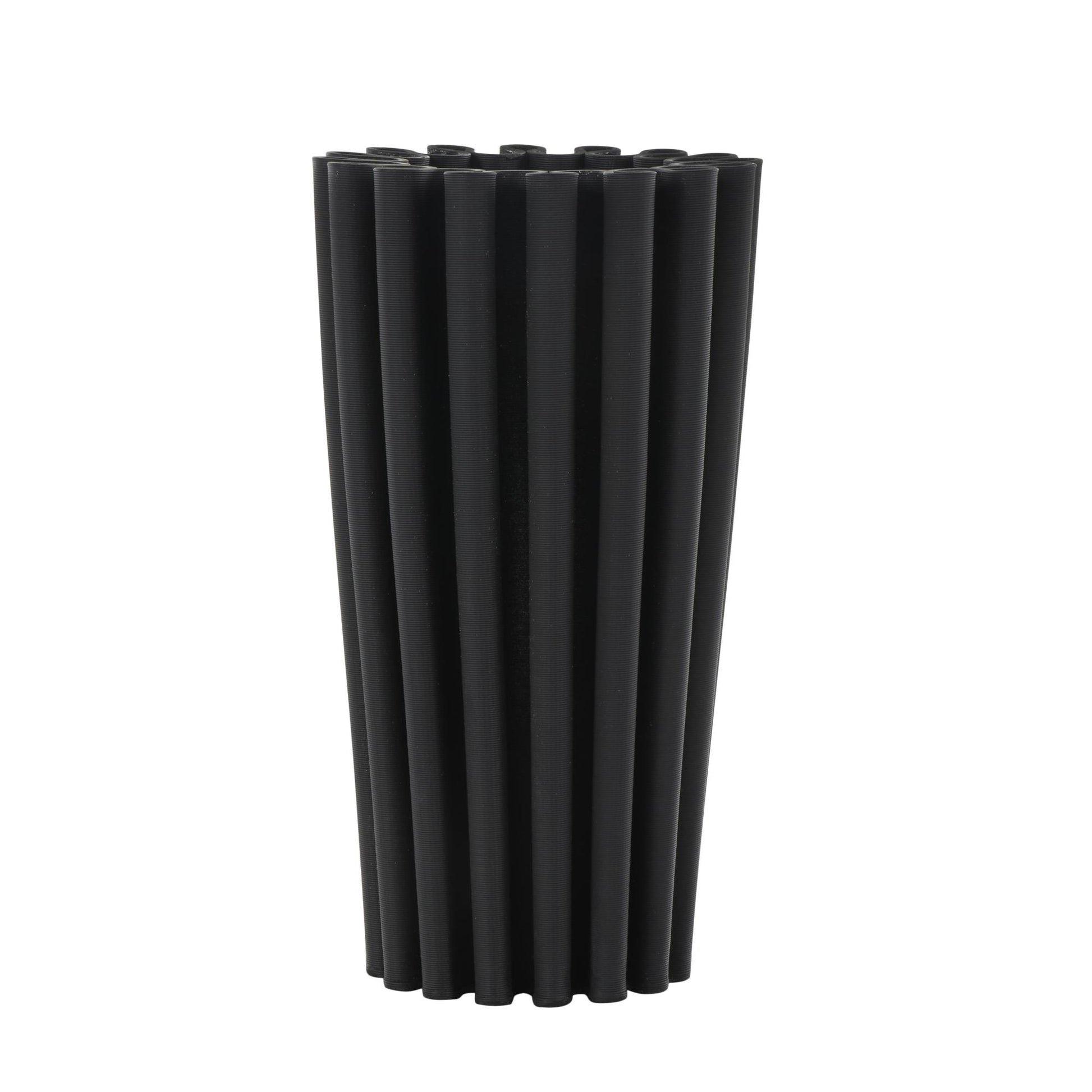 Abstract Black Ceramic Dimensional Ribbed Decorative Vase with Cylindrical Ridges