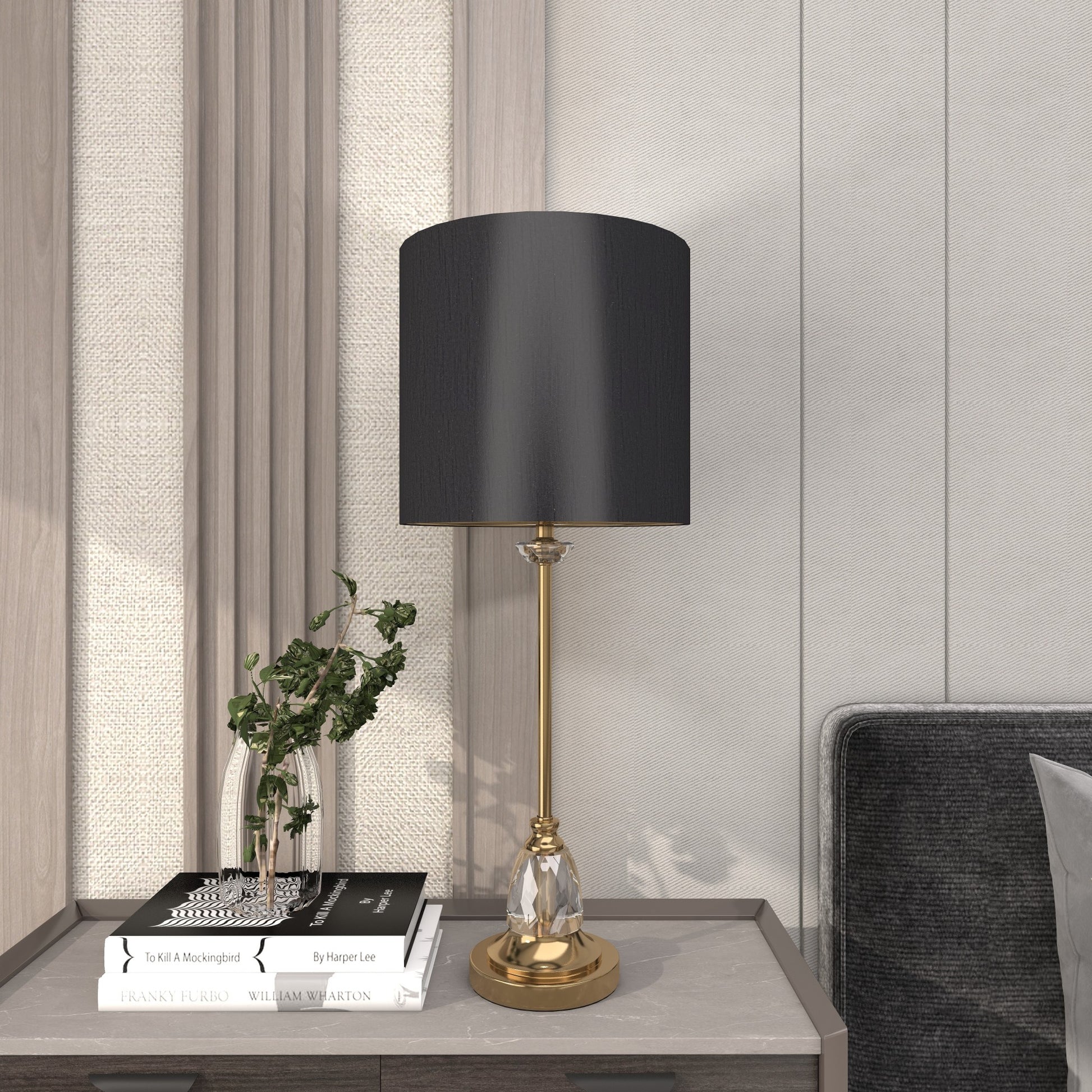 Gold Metal Room Buffet Lamp with Black Shade and Crystal Accent