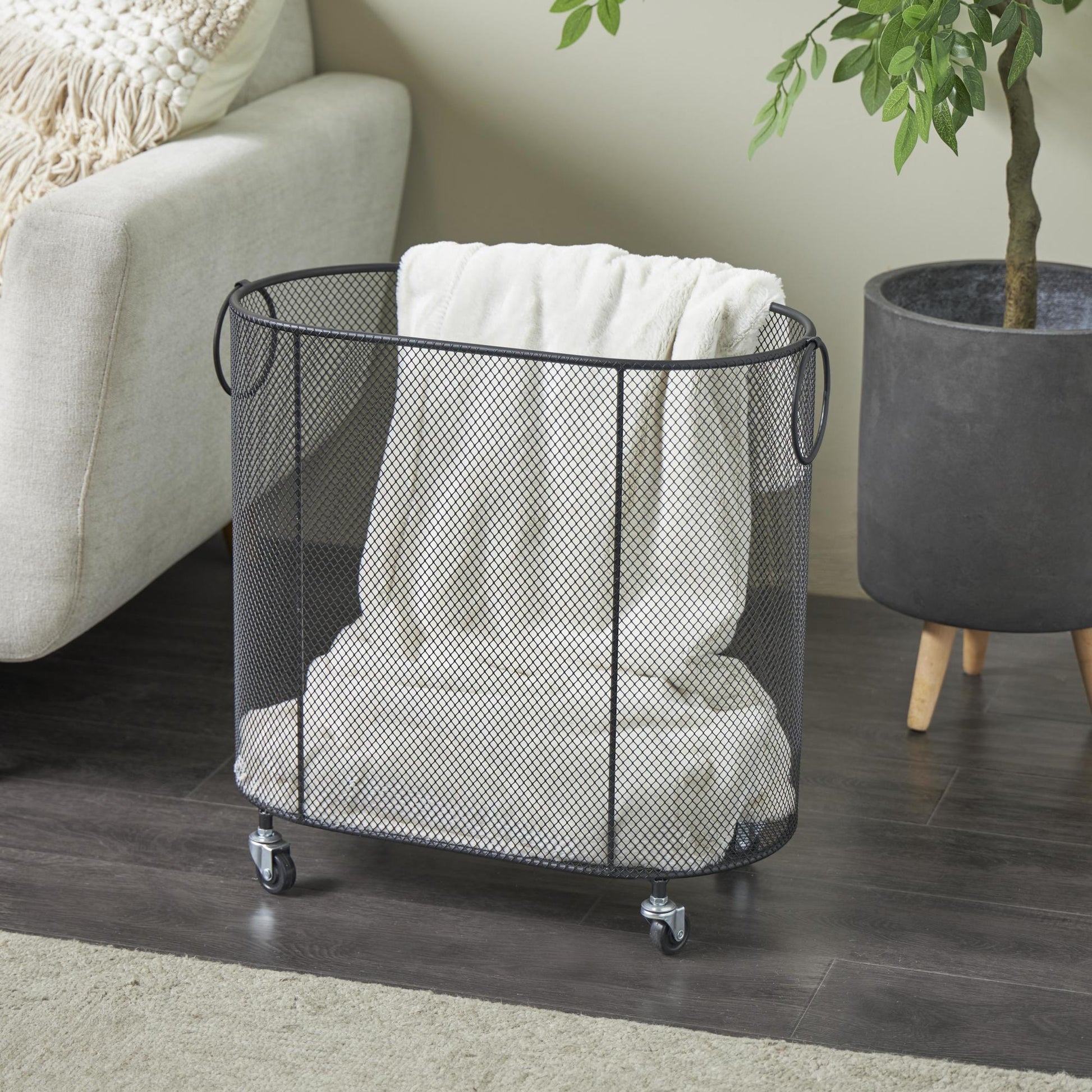 Metal Oval Mesh Wire Rolling Laundry Mobile Storage Cart with Ring Handles