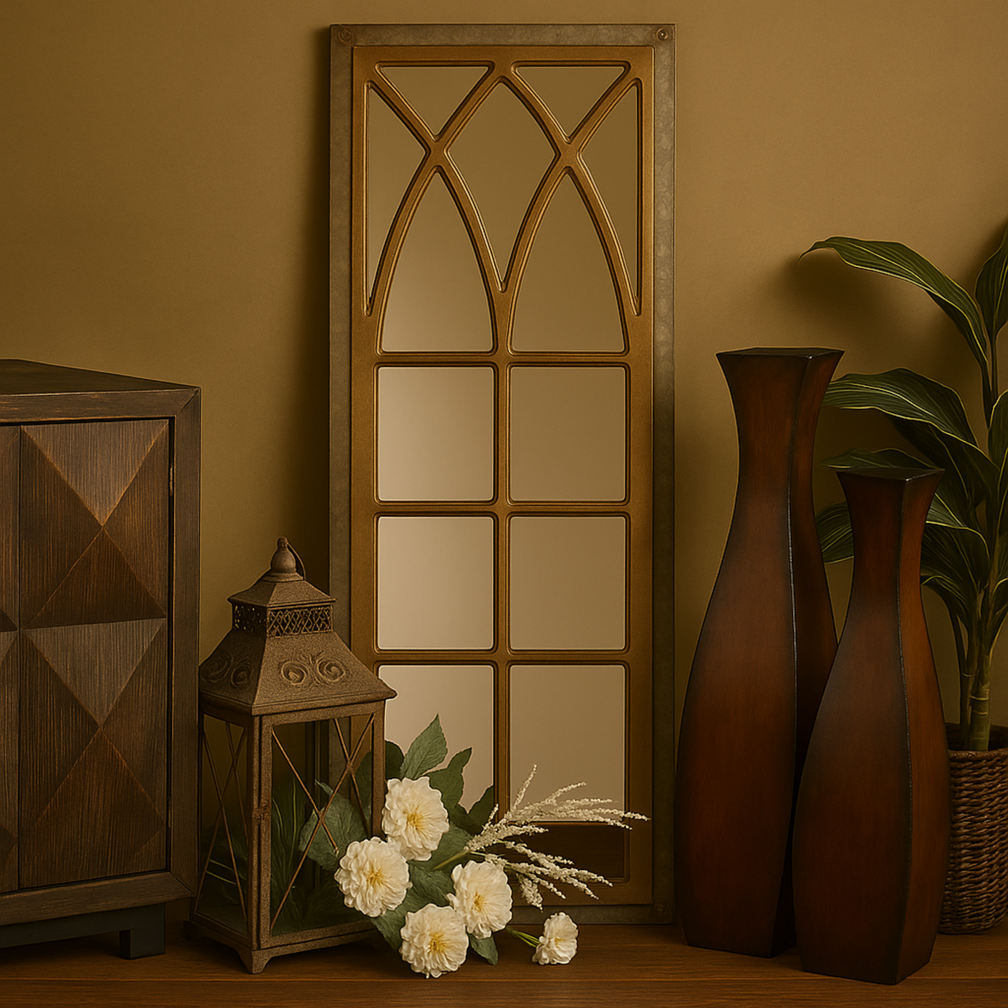 Geometric Brown Wood Window Pane Inspired Panel Room Wall Mirror with Galvanized Metal Frame
