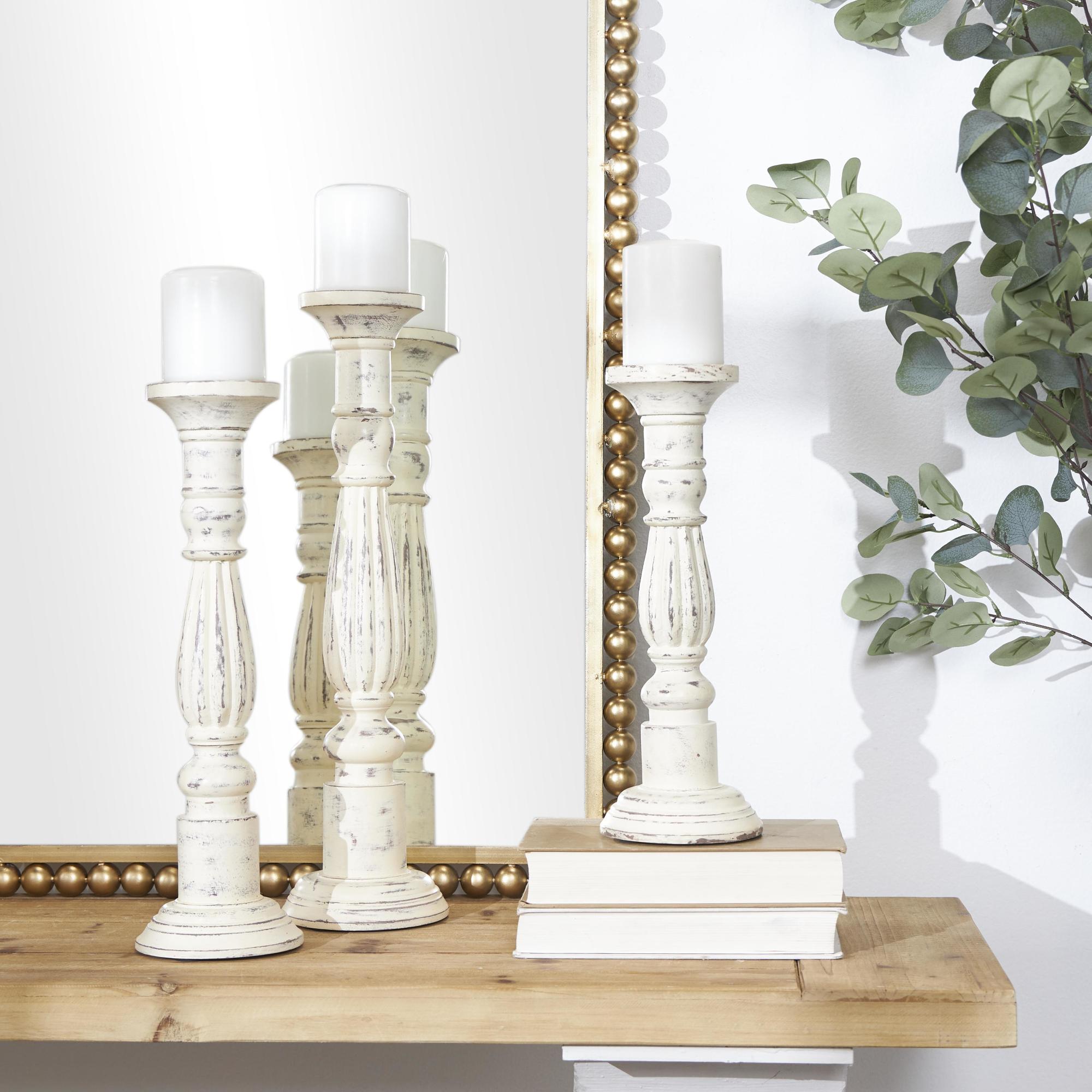 Set of 3 White Mango Wood Tall Distressed Turned Decorative Candle Holder