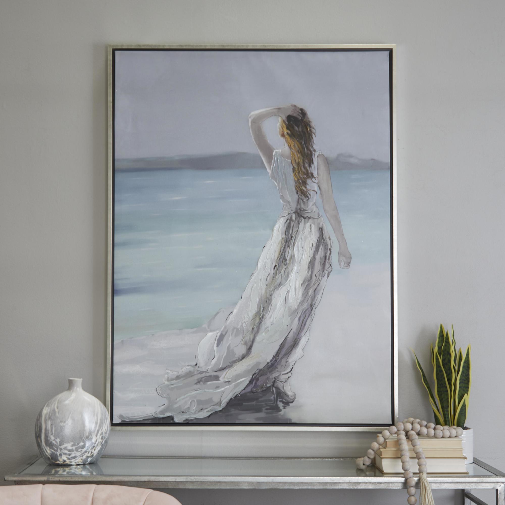 Landscape White Canvas Women Living Room Framed Wall Art with Silver Frame