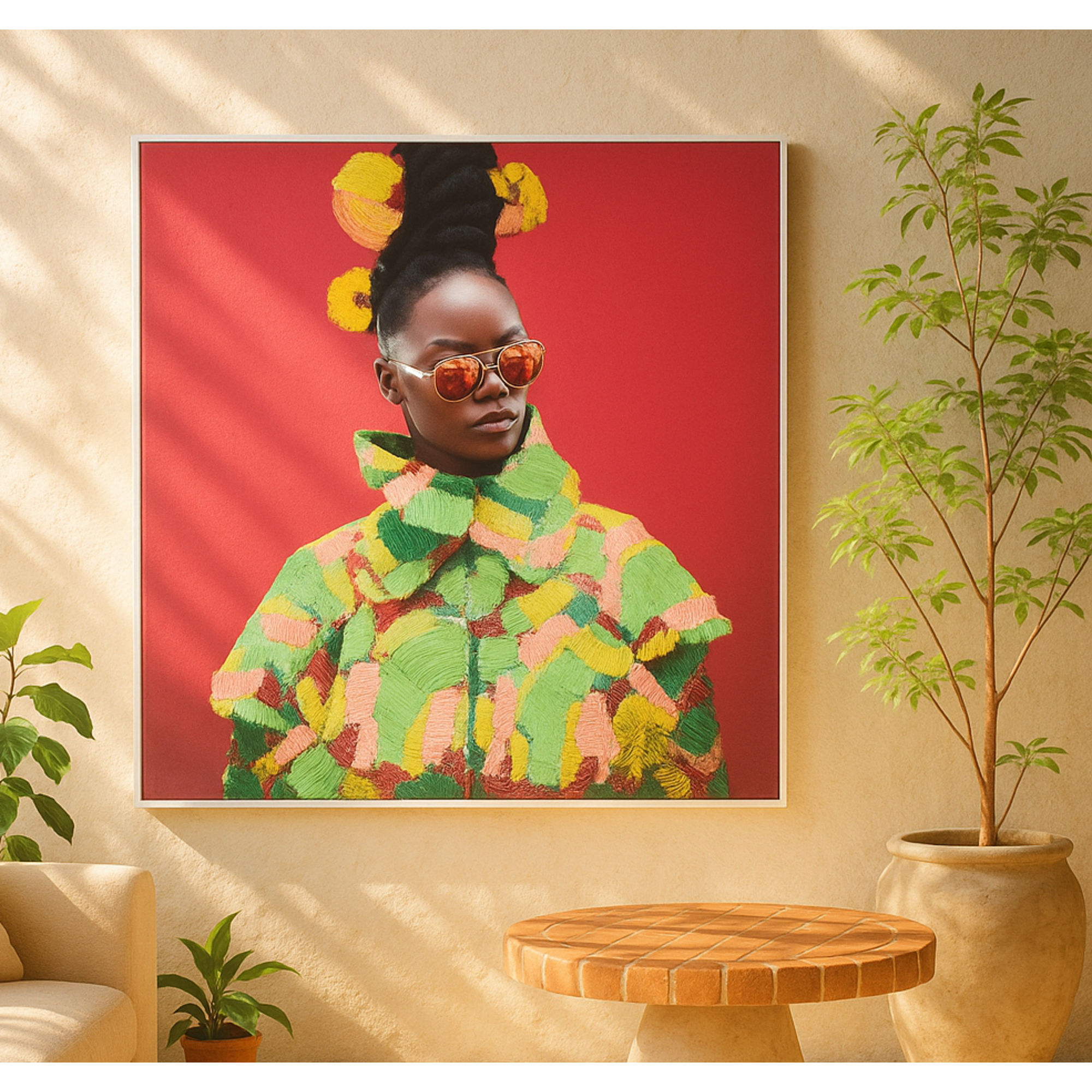 Woman Pink Canvas Chic Living Room Framed Wall Art with Green and Yellow Dresswear