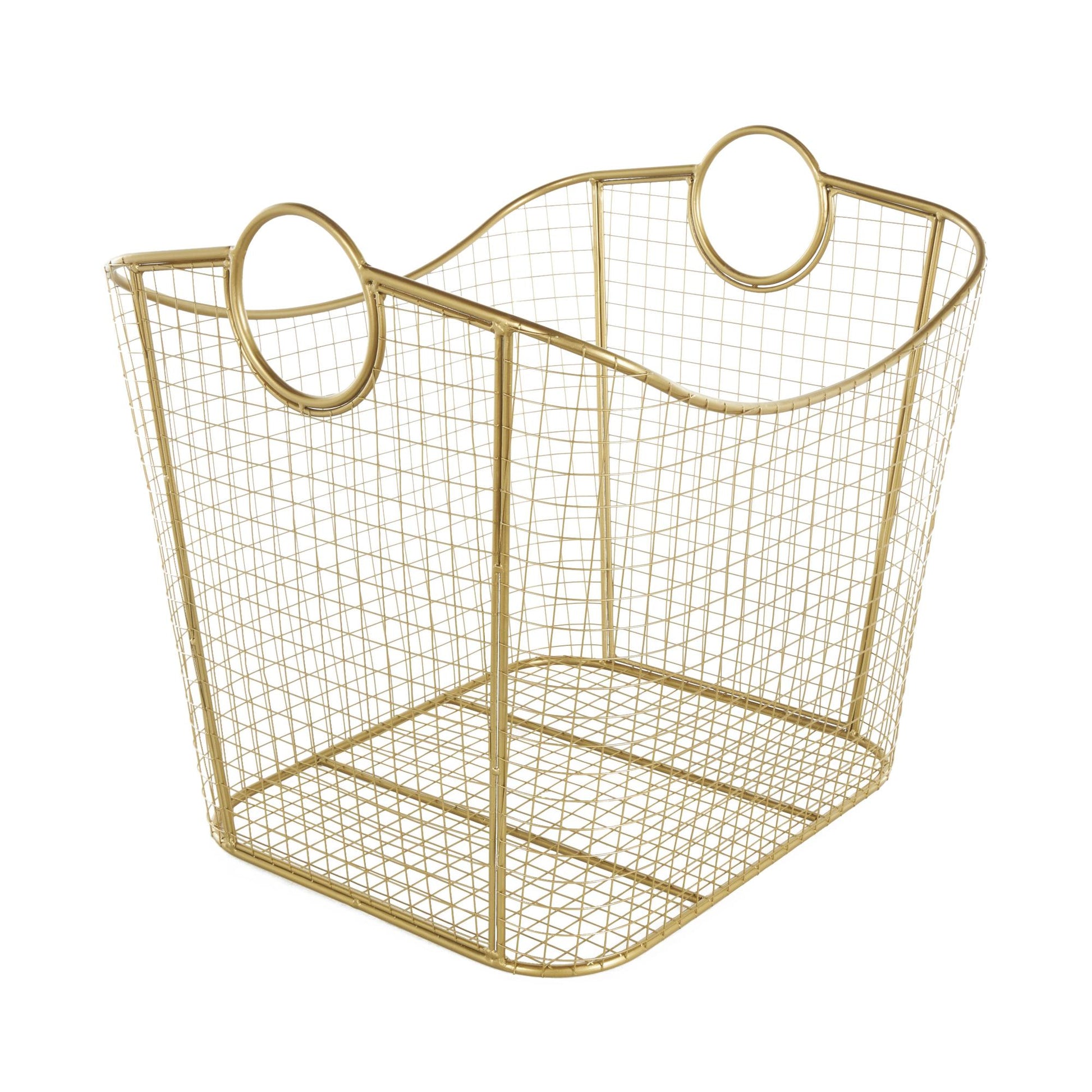 Metal Large Open Frame Wire Grid Decorative and Functional Storage Basket with Curved Sides and Ring Handles 30" x 20" x 20"