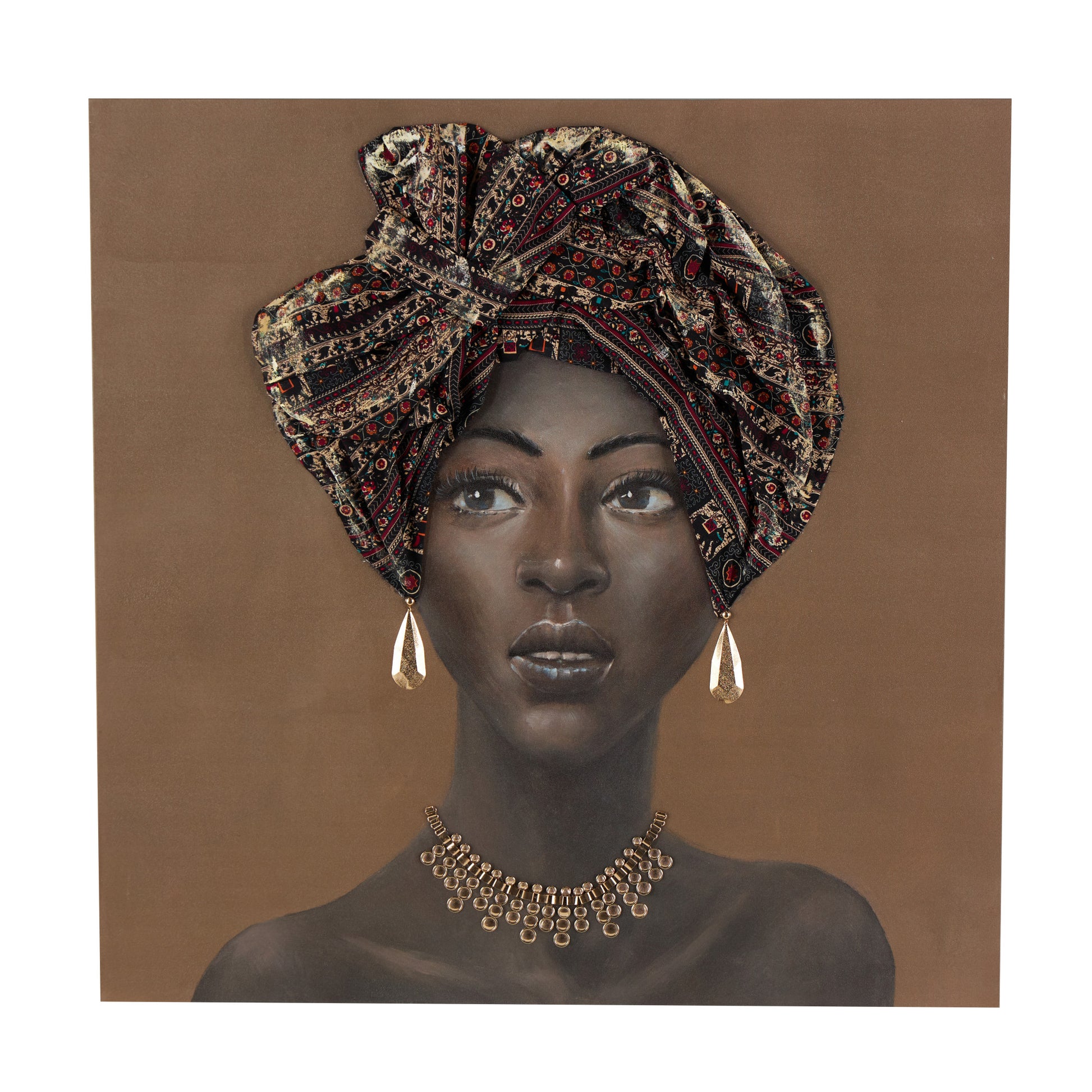 Woman Brown Canvas Decorative Wall Art with 3D Fabric Headwear And Gold Jewels