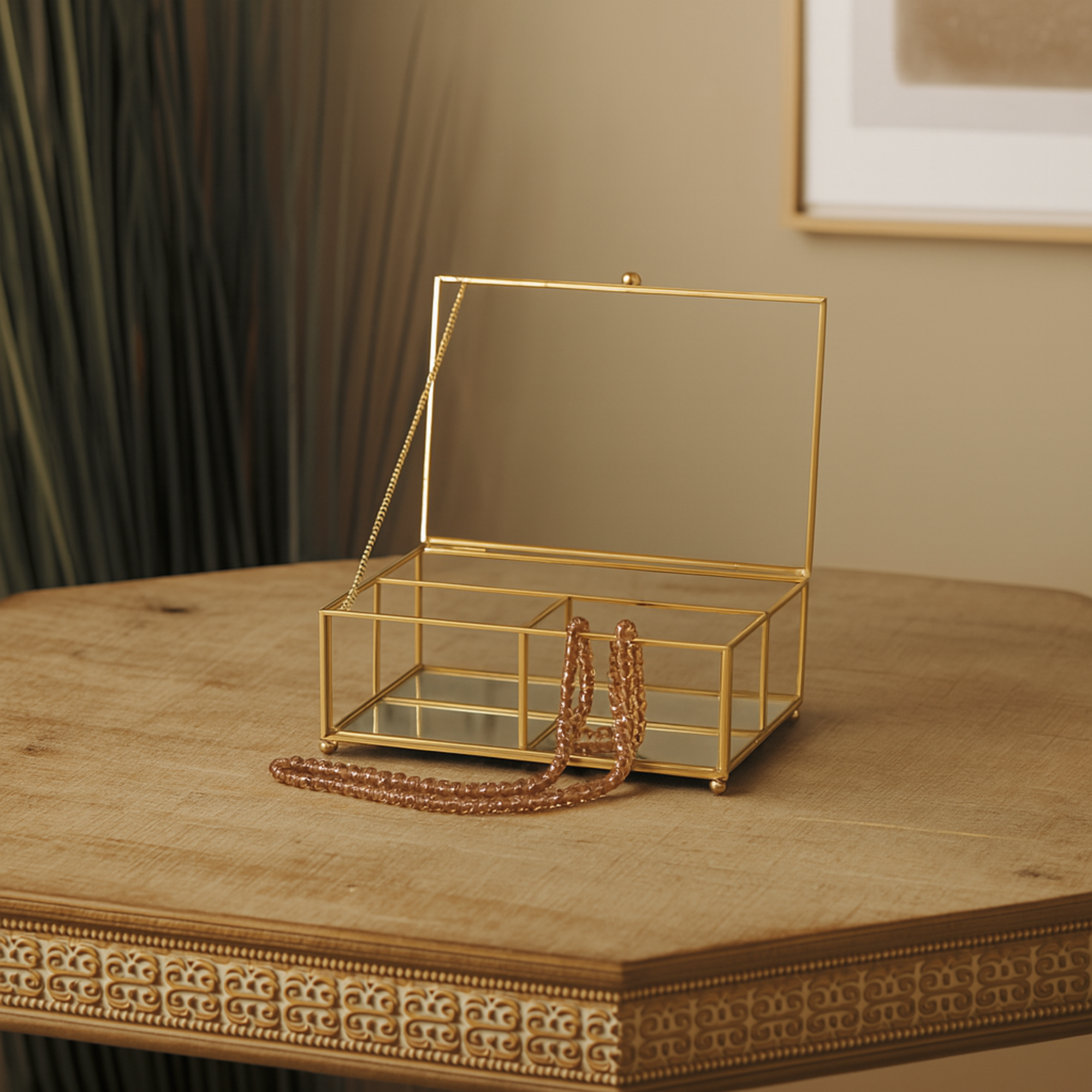 Clear Glass 3 Slot Decorative Jewelry Box with Gold Metal Frame and Chain Accent