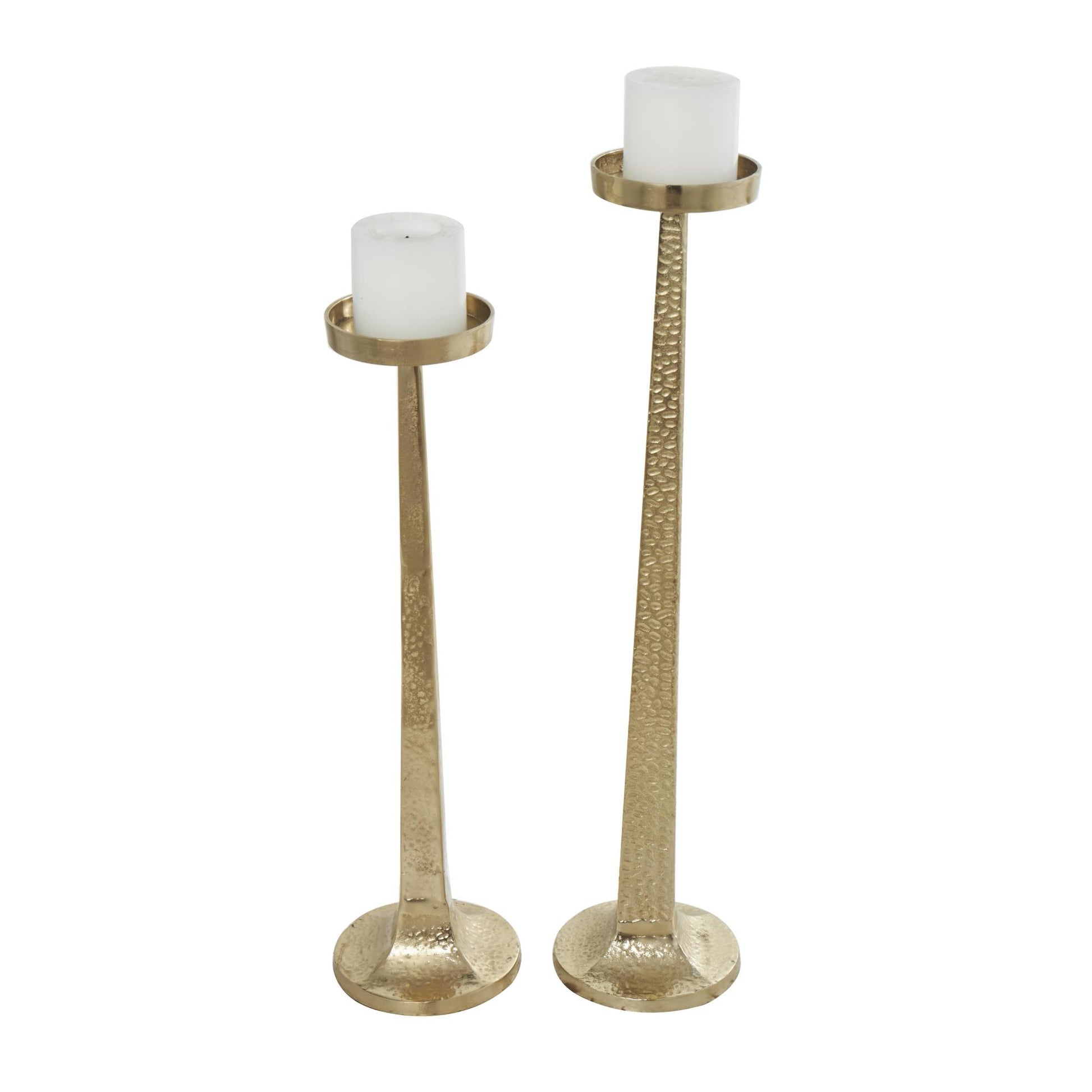 Set of 2 Gold Aluminum Metal Tall Hammered Decorative Candle Holder