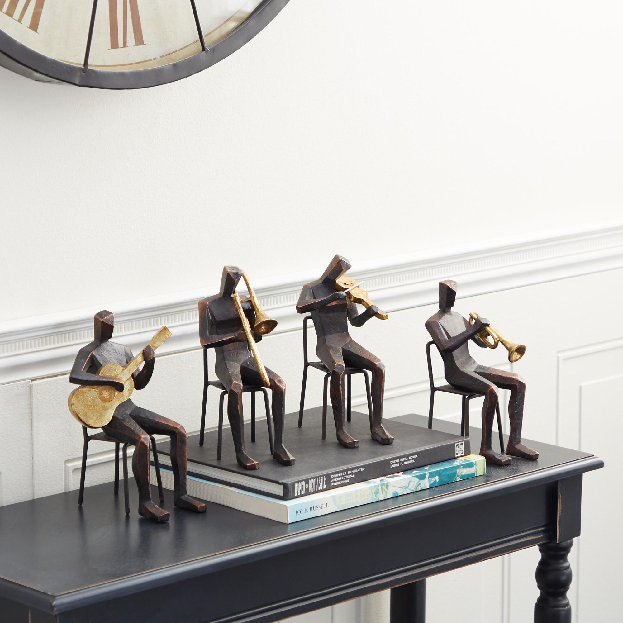 Set of 4 Musician Brown Polystone Decorative Sculpture with Gold Instruments